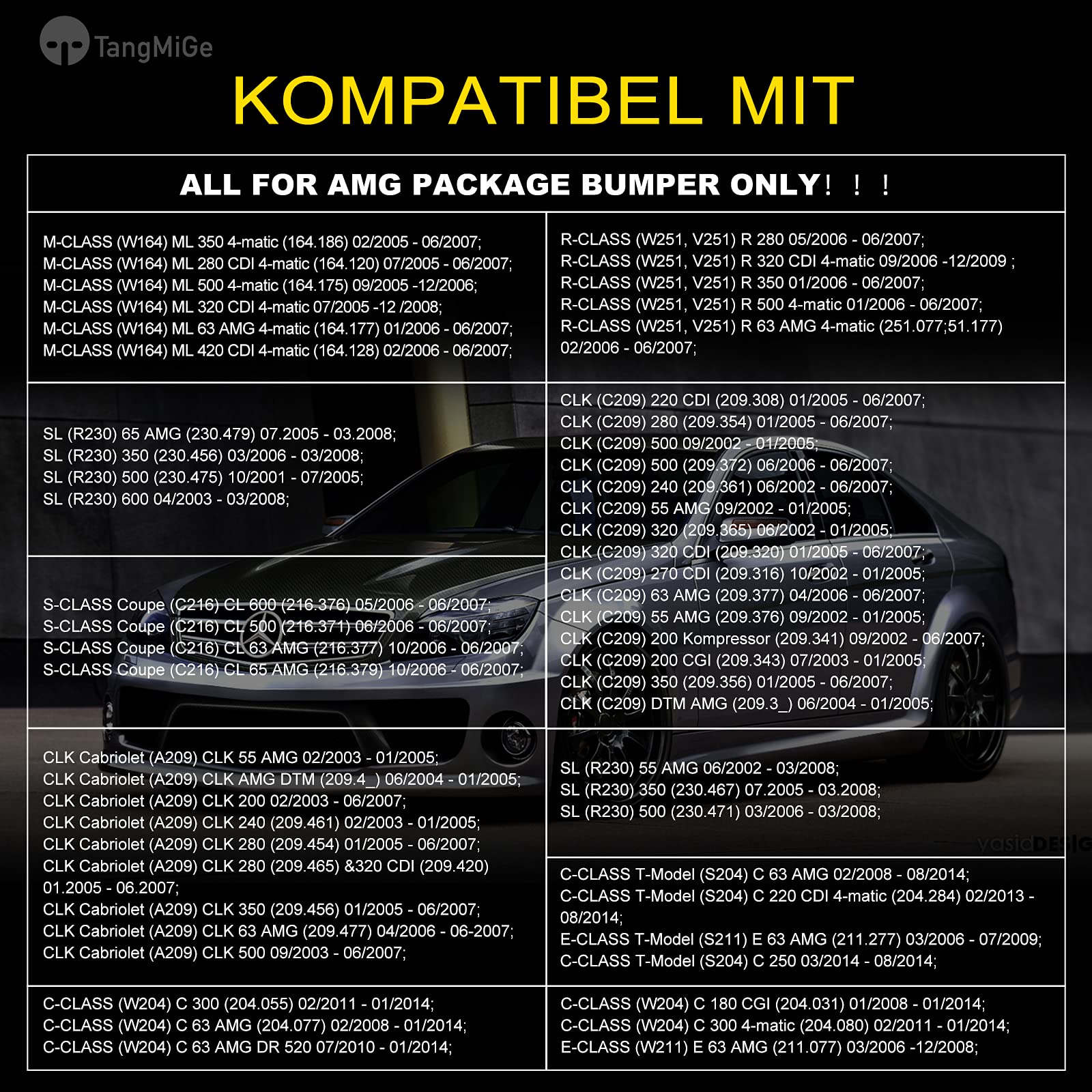 TangMiGe Fendinebbia compatibile con Mercedes Benz W164 W251 V251 R230 C209 C216 A209 S204 W204 W211, (Classe C CLK E M R S SL), 2002-2014, adatto solo per paraurti pacchetto AMG (Fumo Nero)