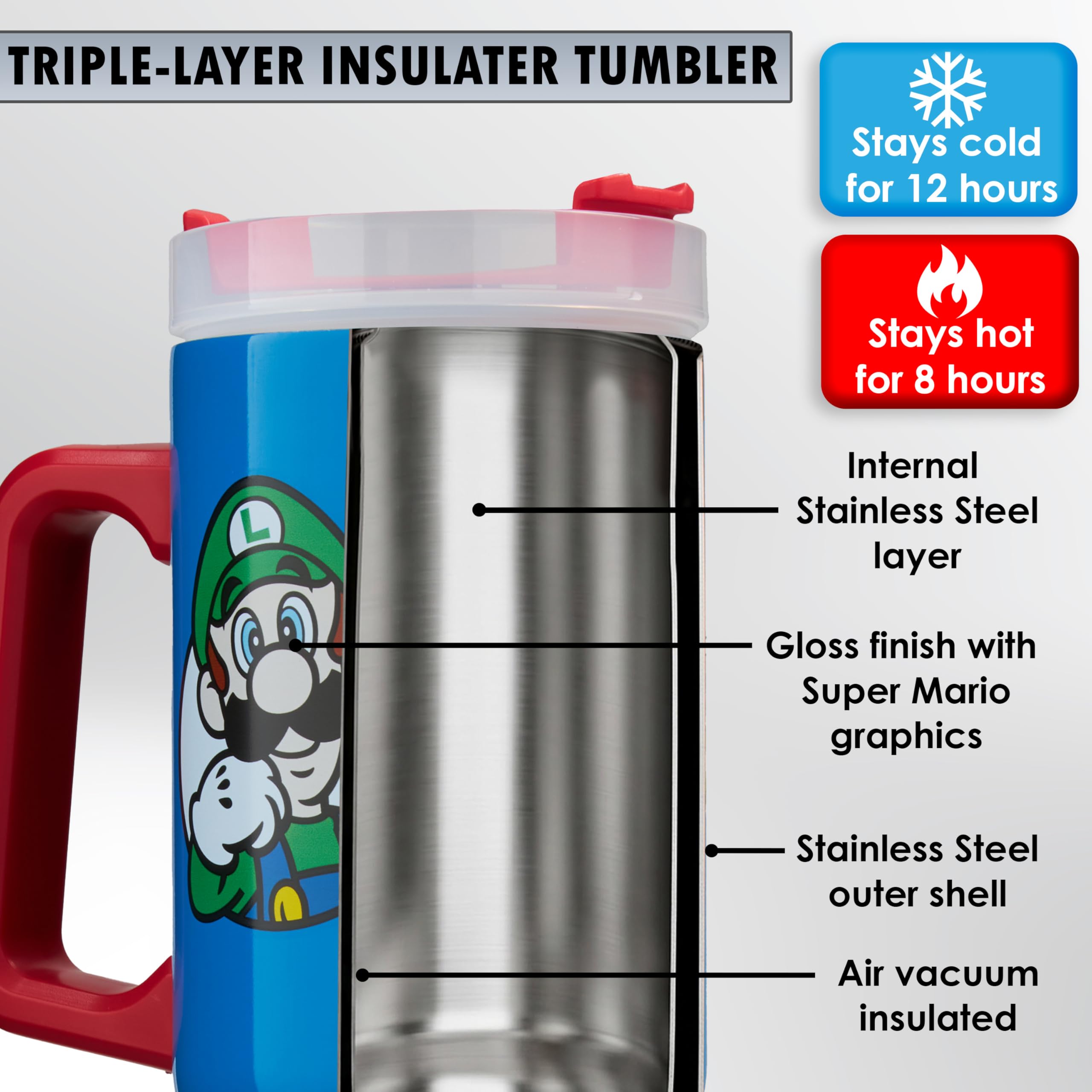 Get Trend Super Mario kubek termiczny 920 ml, butelka na napoje ze słomką i uchwytem, 42 h lodu, zimno 12 h i 8 h, szczelna pokrywka bez BPA, pomysł na prezent
