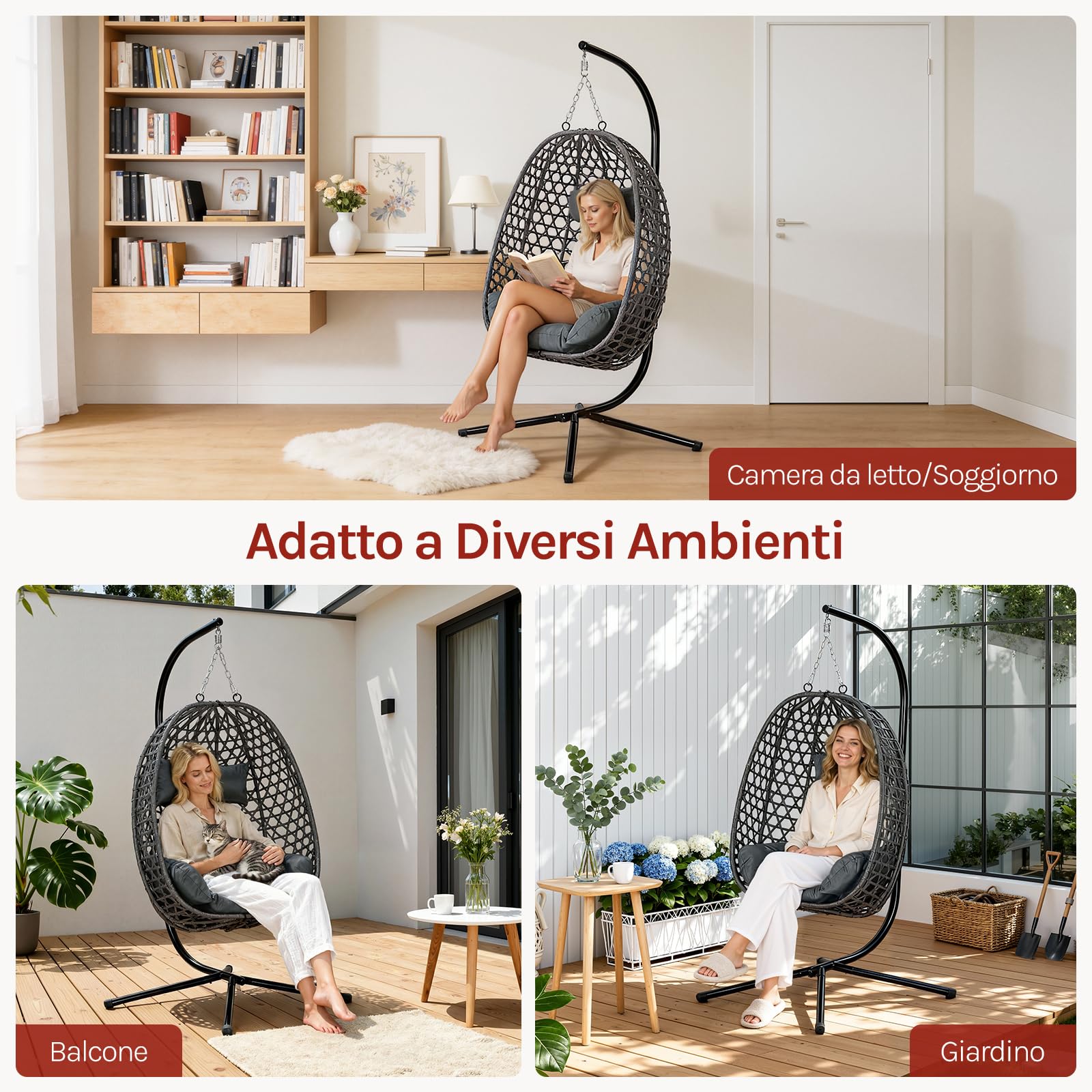 WOLTU Poltrona Sospesa a Uovo con Supporto in Metallo, Cuscino e Poggiatesta, Rattan PE, 102x100x196 cm, Grigio