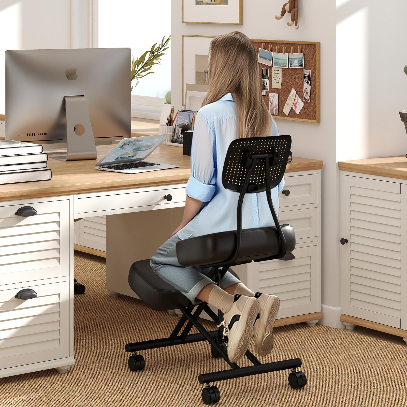 GIANTEX Tabouret Genouillères Réglable avec Dossier, Chaise de Travail Ergonomique, Roues à Verrouillage, Support pour Genoux, Chaises Orthopédiques pour Corriger la Posture Assise, Charge 110 kg