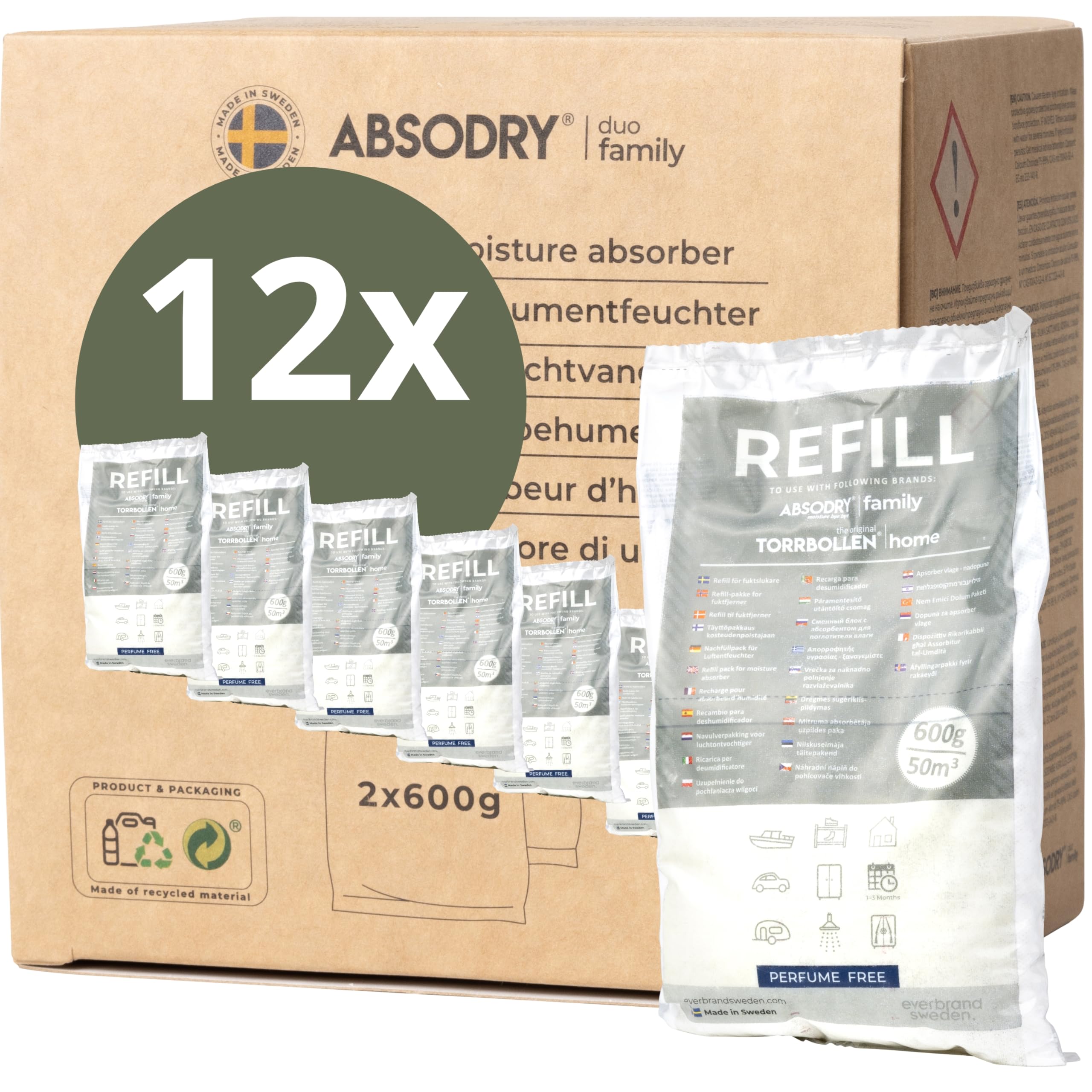 Absodry, ricarica per deumidificatore, 12 x 600 g, compatibile con AbsoDry, previene odori e lega l'umidità, sacchetto di essiccante con granulato per deumidificatore, confezione di ricarica per