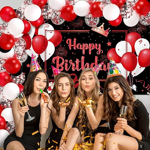 Miniatura 3 de 81 piezas de decoración de fiesta de cumpleaños rojo y negro, pancarta grande roja de feliz cumpleaños y 80 piezas de 12 pulgadas, kit de guirnalda