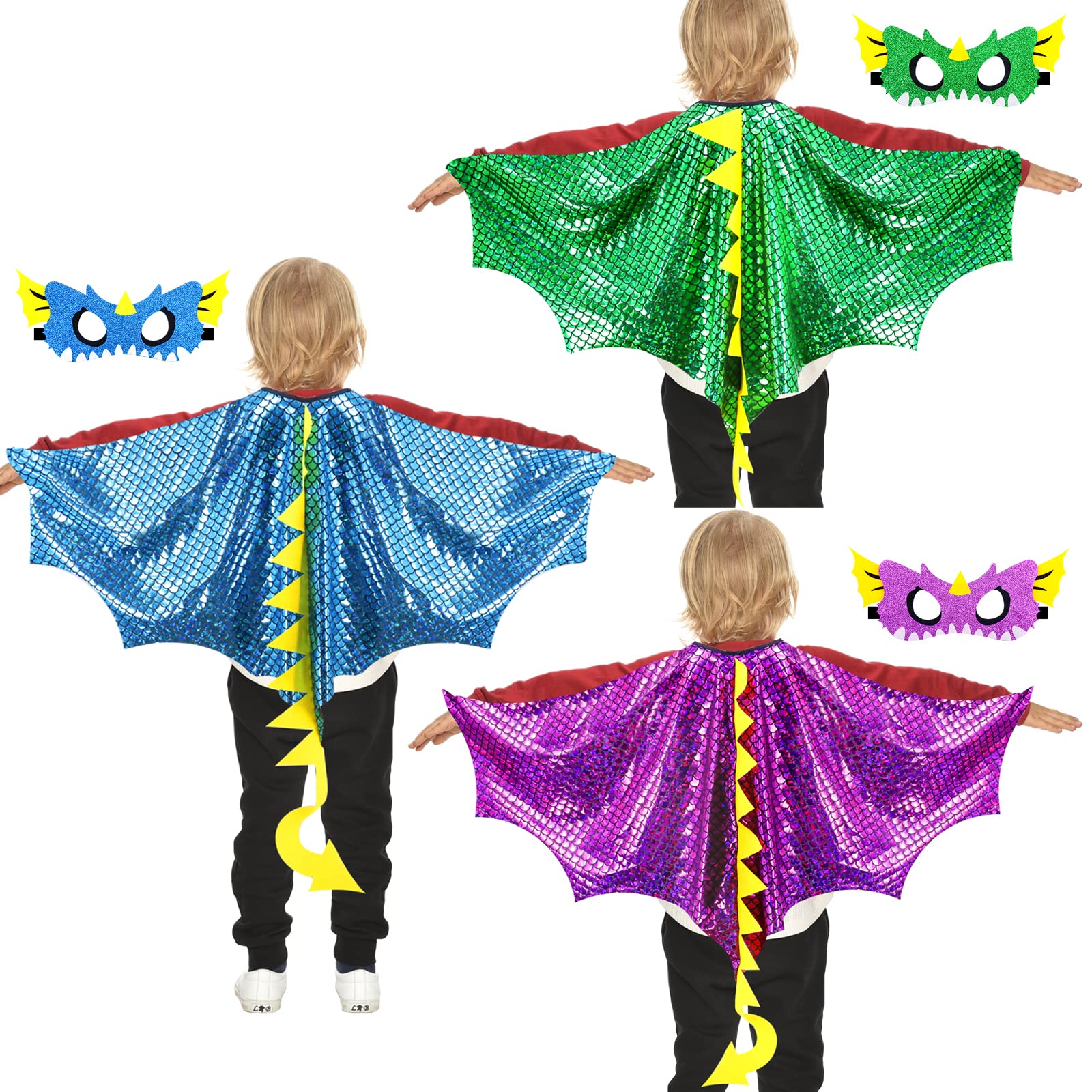 IROLEHOMEDinosaur-Dragon-Wings-Costume for Kids and Dino-Masks Boys Girls Toddler Halloween Dress-Up Clothes as Birthday Party Gifts