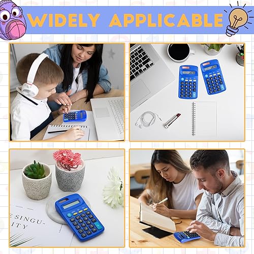 Miniatura 6 de Paquete de 12 mini calculadoras azules de bolsillo para estudiantes en ángulo de mano, pantalla de 8 dígitos, batería solar, calculadora pequeña de