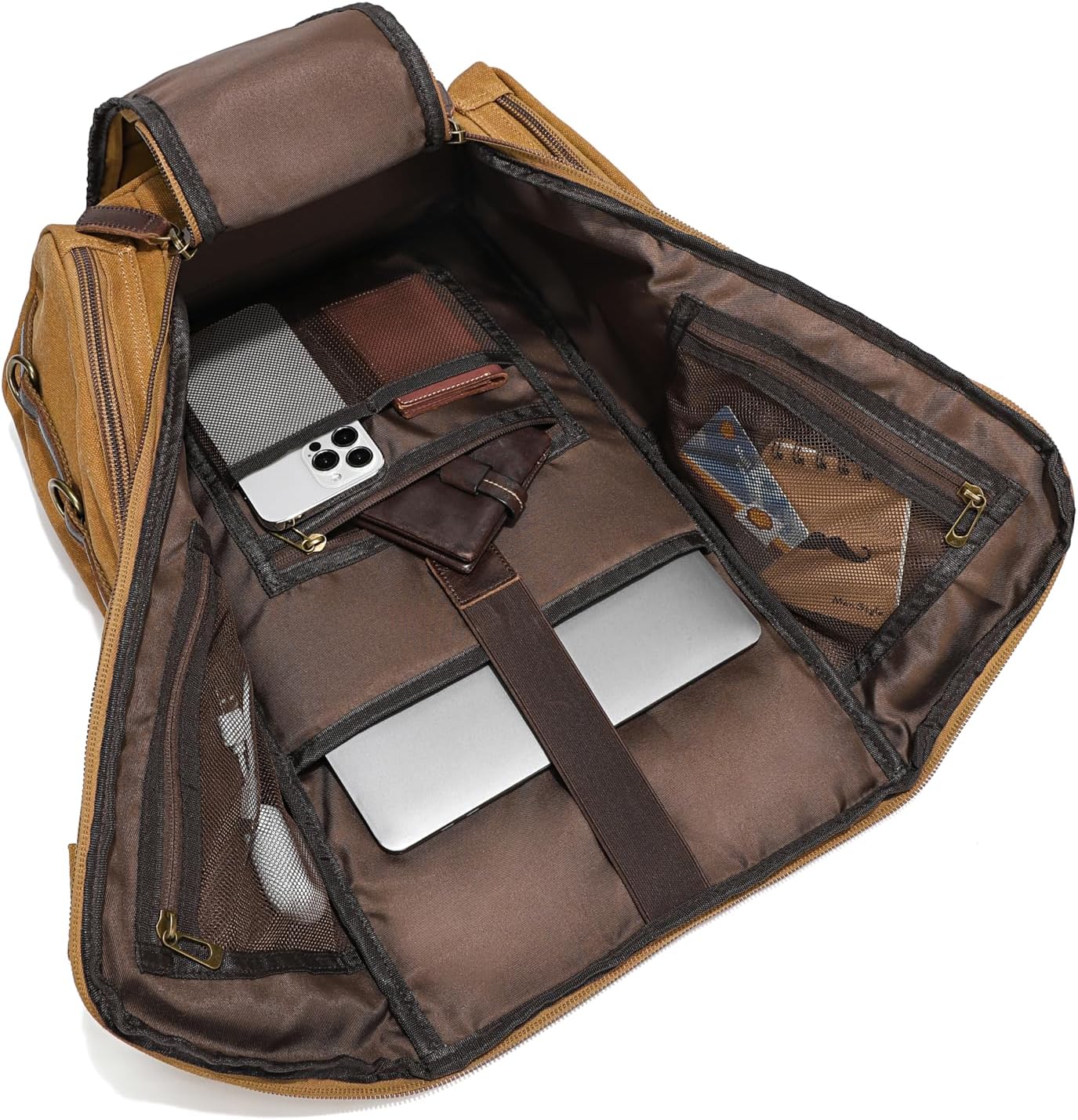 peacechaos Heavy-Duty Waxed Canvas Backpack for Men,17" Laptop Rucksack with Genuine Leather, Multi-Pocket Travel Bag - Image 4