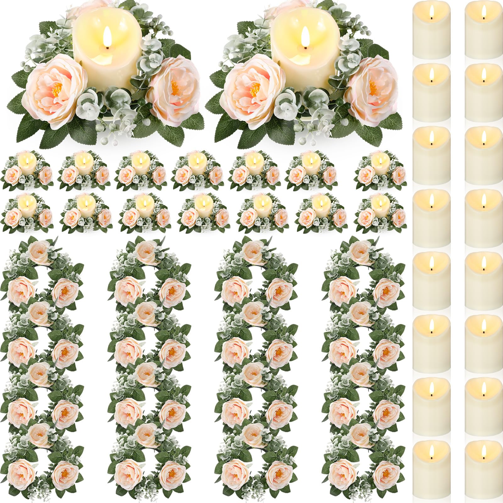 Coronas de rosas con velas LED falsas a granel para centros de mesa de bodas y banquetes
