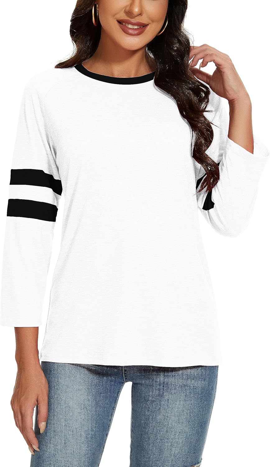 Womens 3/4 Sleeve Fashion Crewneck Tops Patchwork Blouse Casual Loose Comfy Shirt