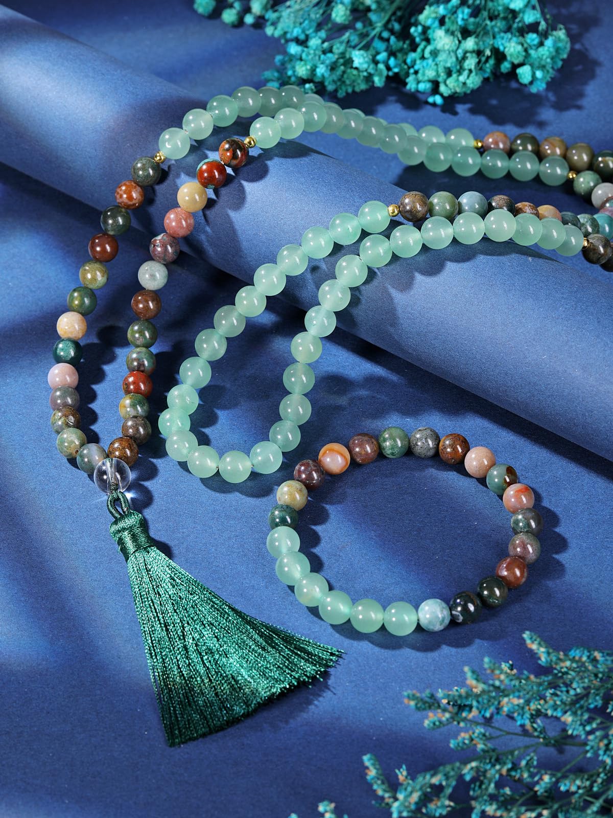 JSDDE Lot Chapelet Collier Mala Tibétain 108 Perles en Pierres Naturelles 8mm Bracelet Élastique de Perles Cristal pour Homme Femme Chapelet 108 Grain Bouddhiste avec Gland Amulette bijoux de Prière