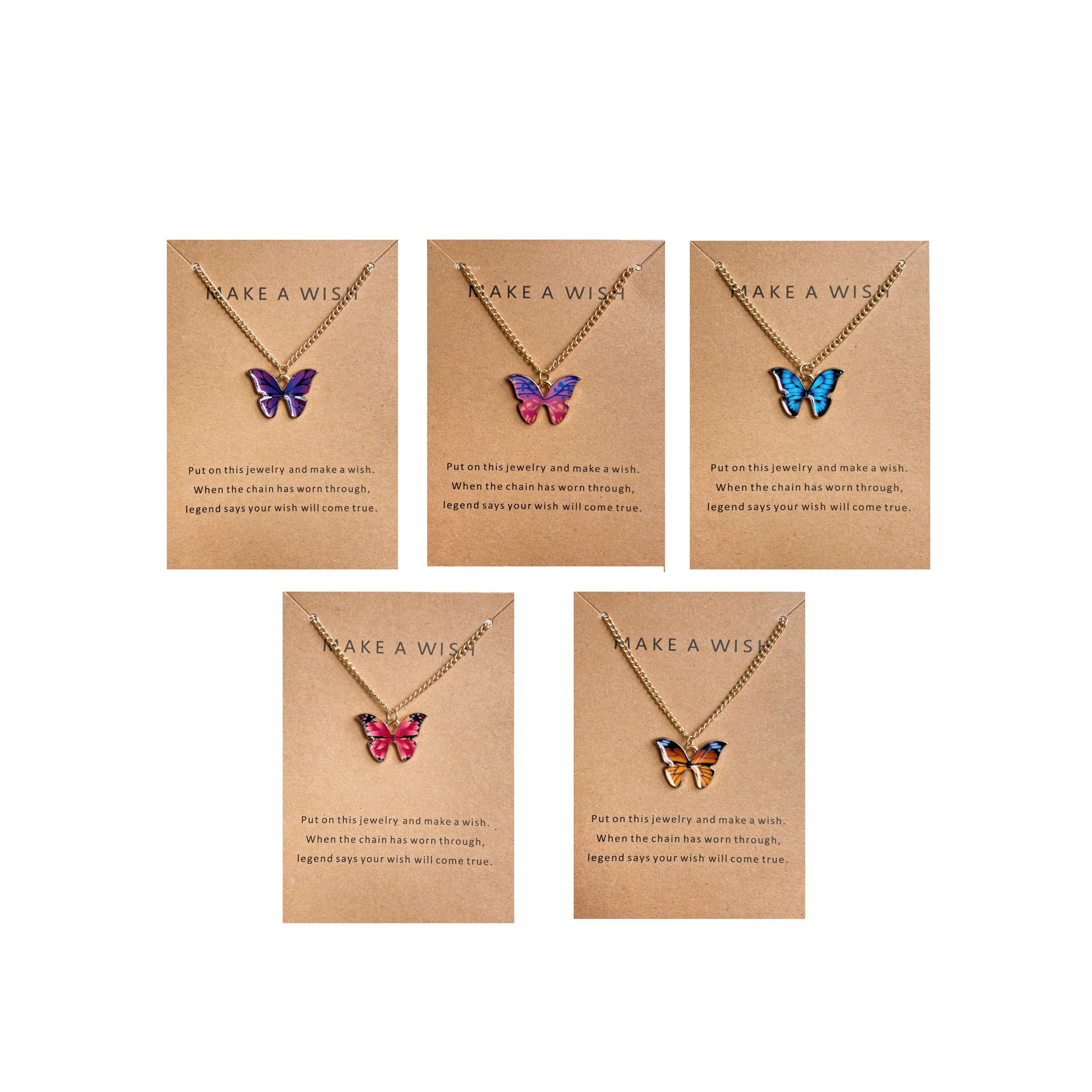 COLORFUL BLING 5-9Pcs Cute Butterfly Pendant Necklace Set for Women Acrylic Butterfly Necklace with Message Card Friendship BFF jewelry
