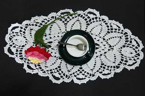 Miniatura 8 de BIBITIME Manteles individuales de encaje redondos hechos a mano con flores de ganchillo para cocina (ovalado-champán, 1 unidad-11.8 x 22.5 pulgadas)