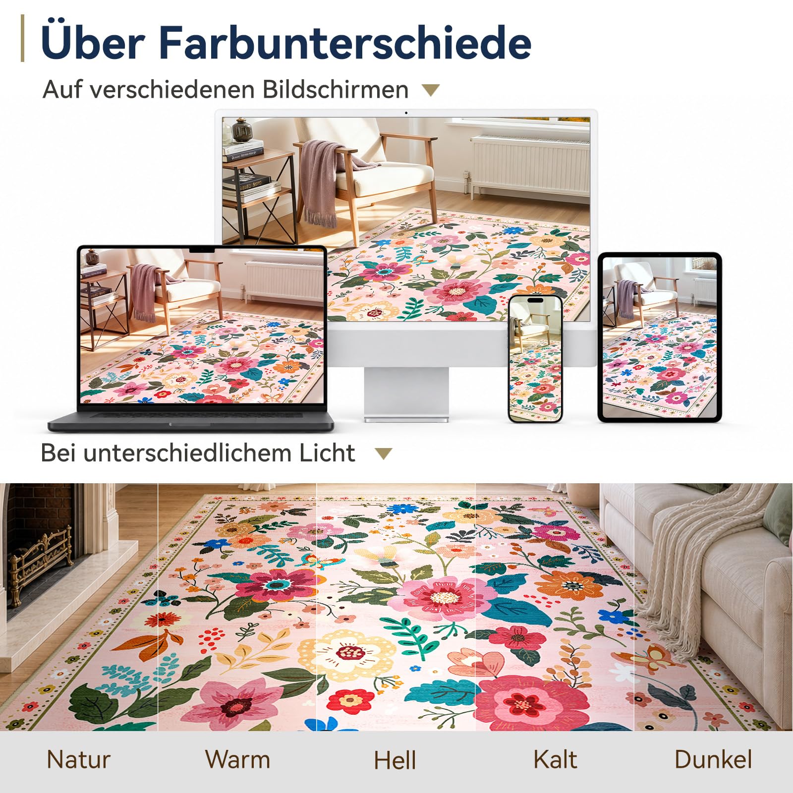 Teppich Wohnzimmer 120x180cm Rosa/Beige, Blumen Waschbare Teppiche | Boho Vintage Blumenmuster Wohnzimmerteppich, Waschbarer & Rutschfester Kurzflor Weich für Wohnzimmer, Schlafzimmer, Esszimmer