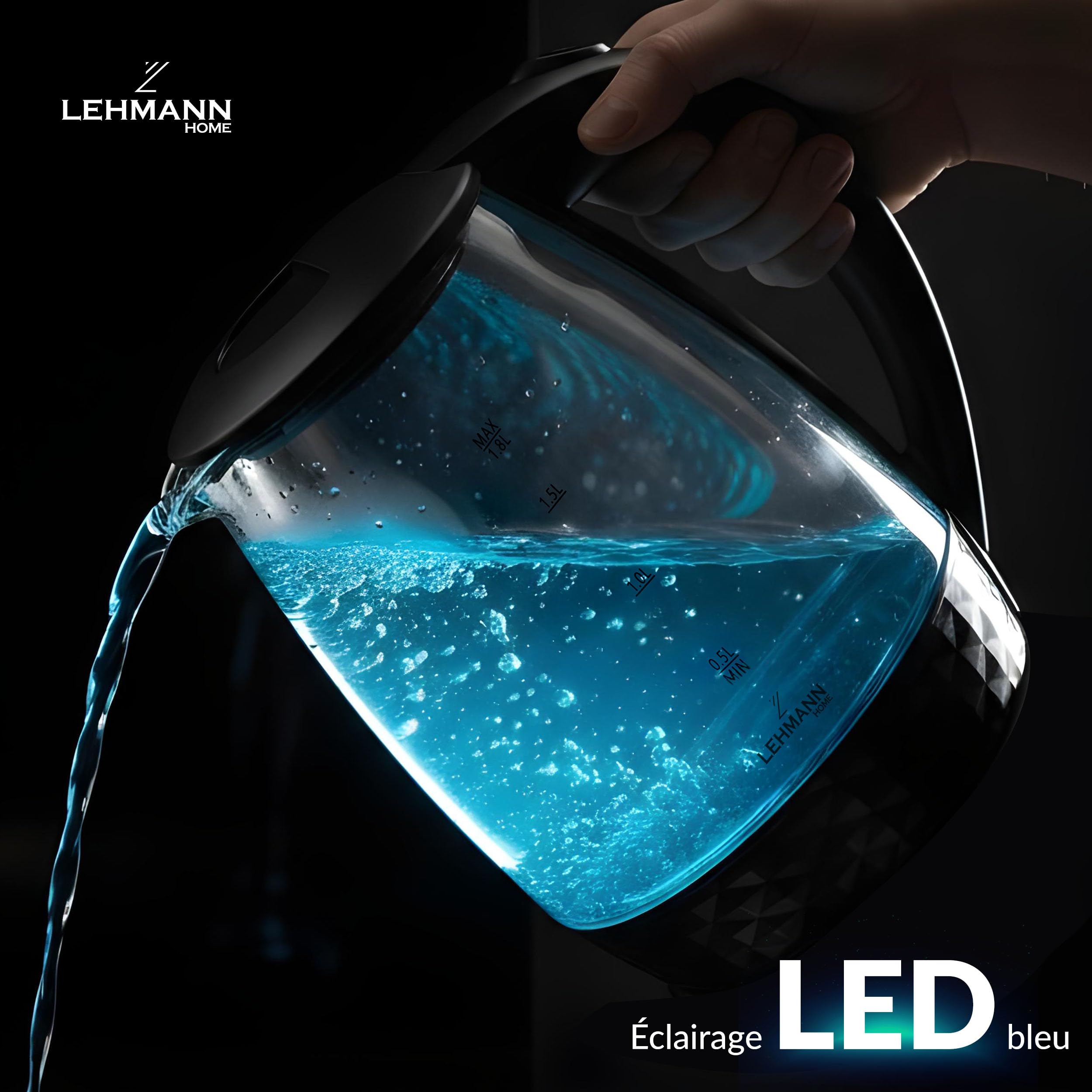 Lehmann LHOEK-2220C Czajnik elektryczny szklany 2l, czajnik elektryczny z podświetlanym zbiornikiem o mocy 2200W, bezprzewodowy ze zdobioną podstawą