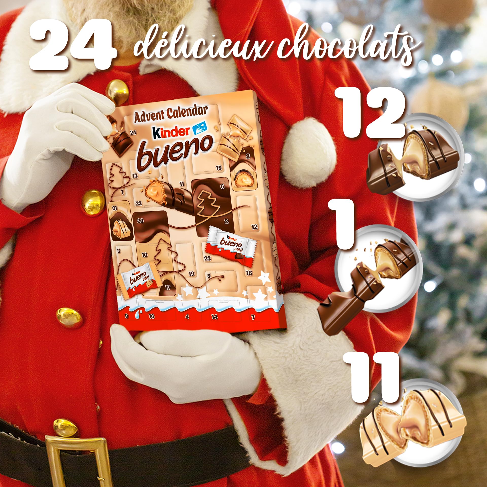 Onza Calendrier de l'Avent Chocolat Kinder Bueno. Cadeau Original pour Noël avec des Chocolats Kinder Bueno et Kinder Bueno Mini. Calendrier de lavent 2024 avec Carte Cadeau de Noël. (167 grammes)