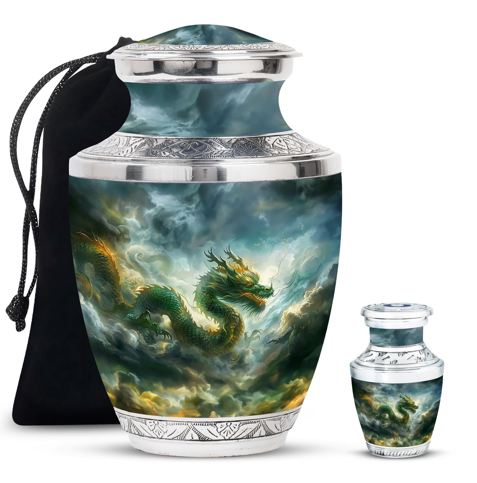 YATHABHISA Dragon Urn, Combo of 1 Large Urn with Velvet Bag and 1 Small - Capacity Urn Set - Mini Urn for Ashes - Urns for Mom Ashes Combo of Keepsake & Large Urns for Male & Female, Black