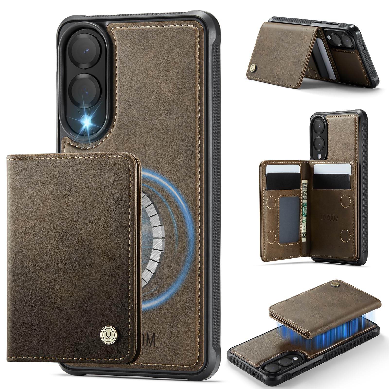 Photo 1 of Usroom Compatible with Magsafe for Samsung Galaxy S25 Edge Wallet Case Magnetic Card Holder, RFID Blocking 2 in 1 Detachable Kickstand Shockproof Cover for Women Men, Brown