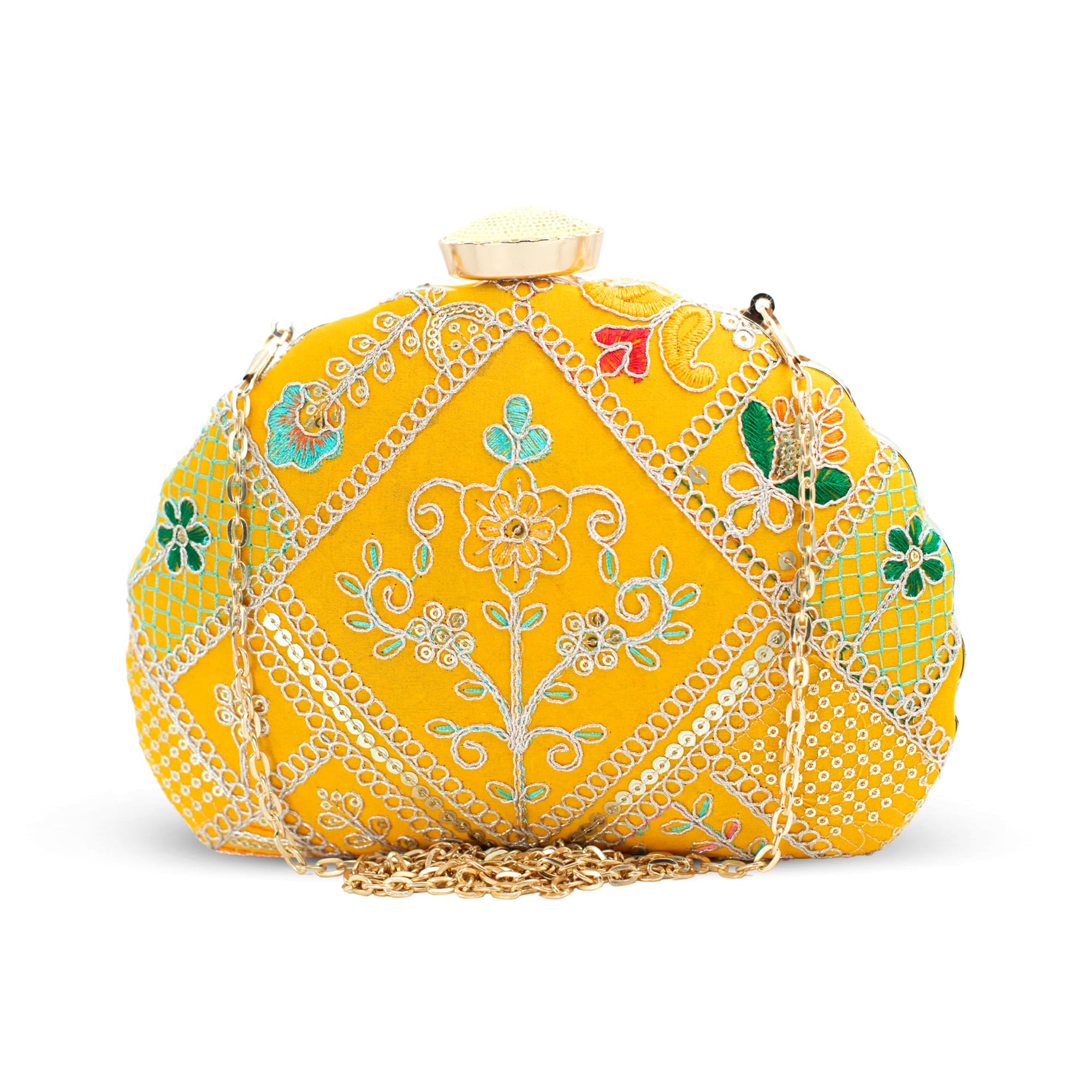 Yellow Based Multicolored Threadwork Embroidery Clutch Bag for Women with Detachable Strap-image-6