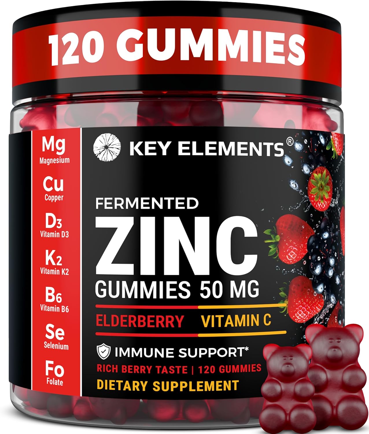 Immune Support Zinc Gummies 50mg with Elderberry Vitamin C and Zinc Supplements - Natural Antioxidant with Copper Vitamin D3 K2 Magnesium - Rich Berry Taste, Sugar-Free, 120 Gummies