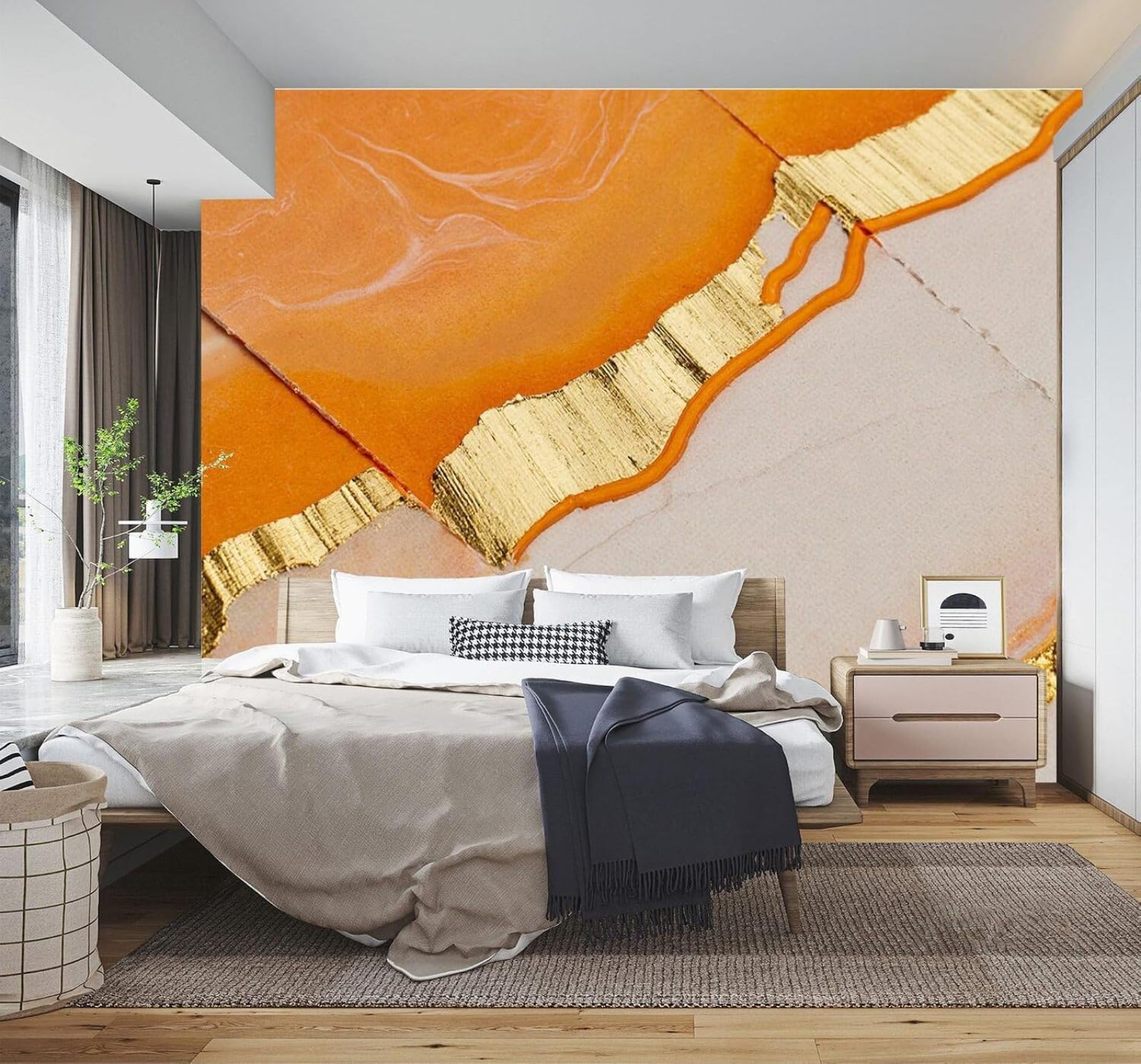 Carta da Parati 3D Astratto Marmo Arancione Decorazioni In Foglia D'Oro