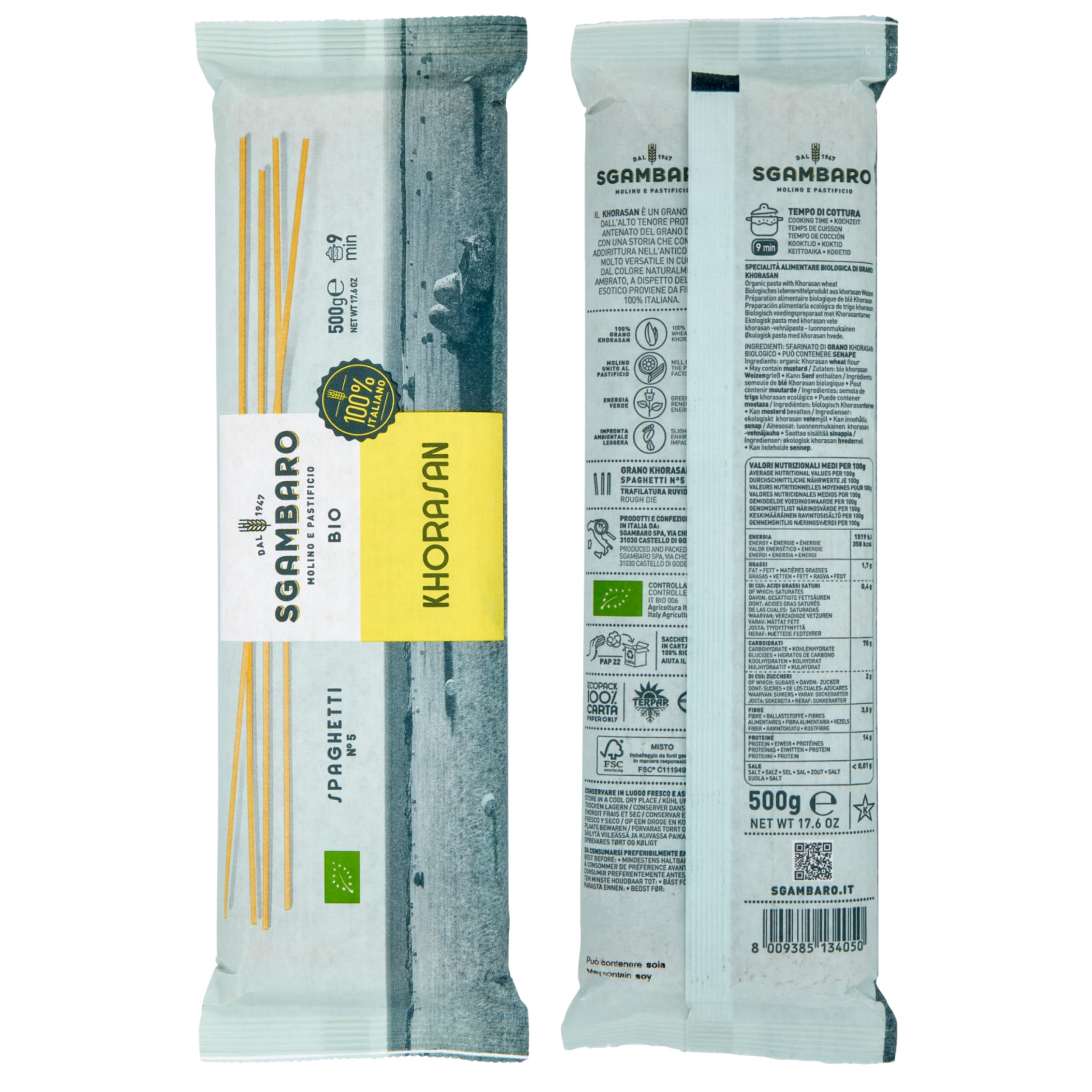 Sgambaro Bio Pasta Spaghetti N.5-12 x 500 g aus Khorasan-Weizen – Antiker, proteinreicher Weizen, 100% italienischer Anbau – Vielseitig in der Küche und nährstoffreich