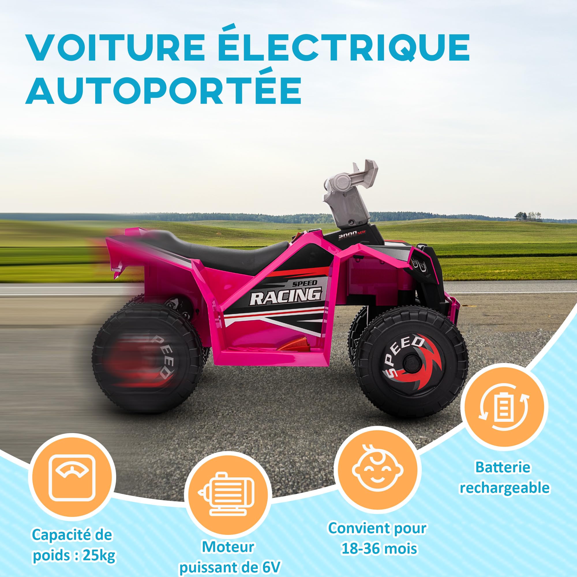 HOMCOM Quad électrique pour Enfants 6V avec Marche Avant et arrière 70 x 41,5 x 48,5 cm Rose