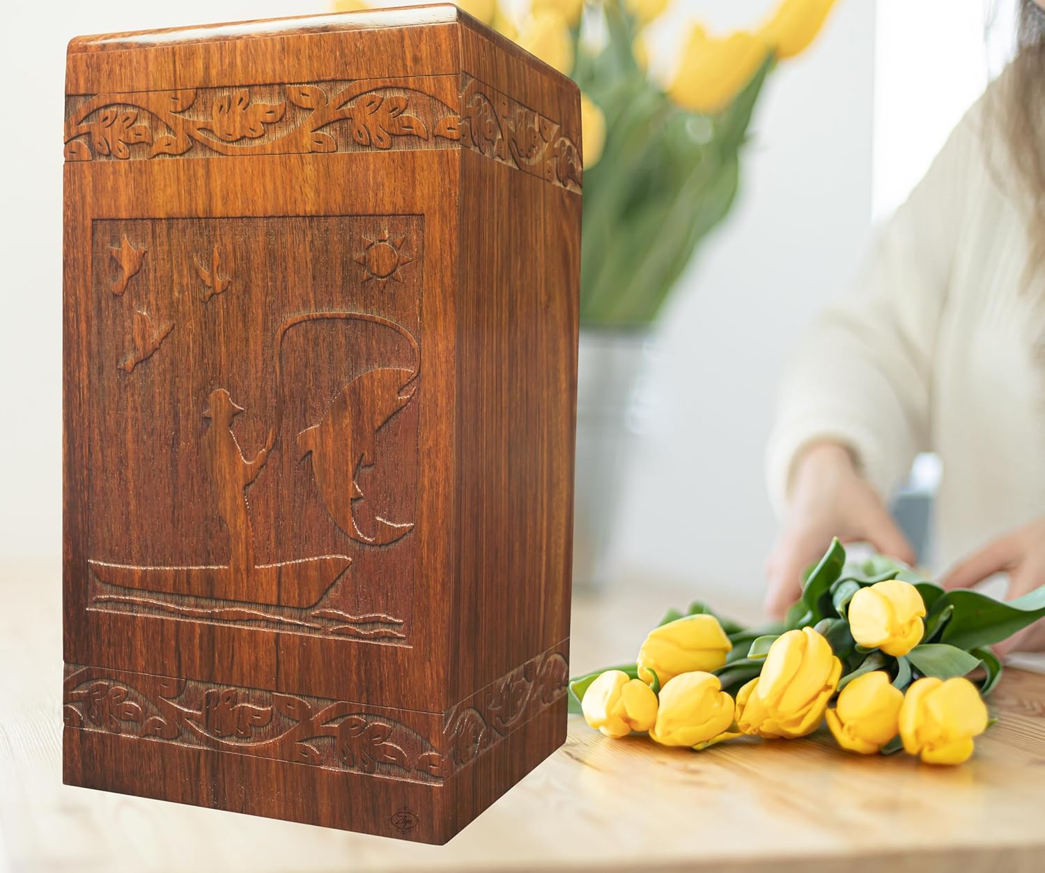 ZIYA Gone Fishing Wooden Urns For Human Ashes - Adult Male & Female, Handmade Memorial Cremation Urn - Up To 250 lbs with Satin Bag - Image 6