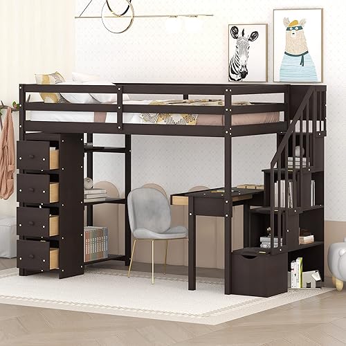 SIYSNKSI Cama loft multifuncional de tamaño individual con 4 cajones de almacenamiento y escritorio y estantes marco de cama loft de madera con