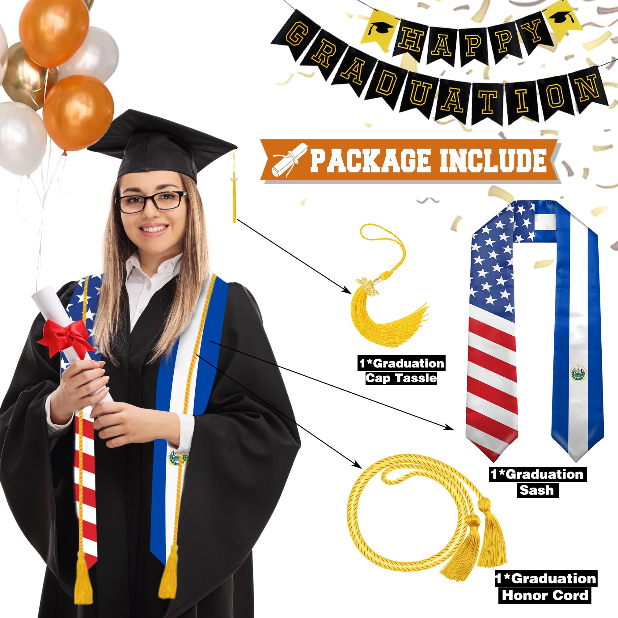HSELOGI Graduation Stole Class of 2025 with Cap Tassel,and Honor Cord - USA Salvador National Flag Graduation Sash,Mixed Country Flag Stole 72