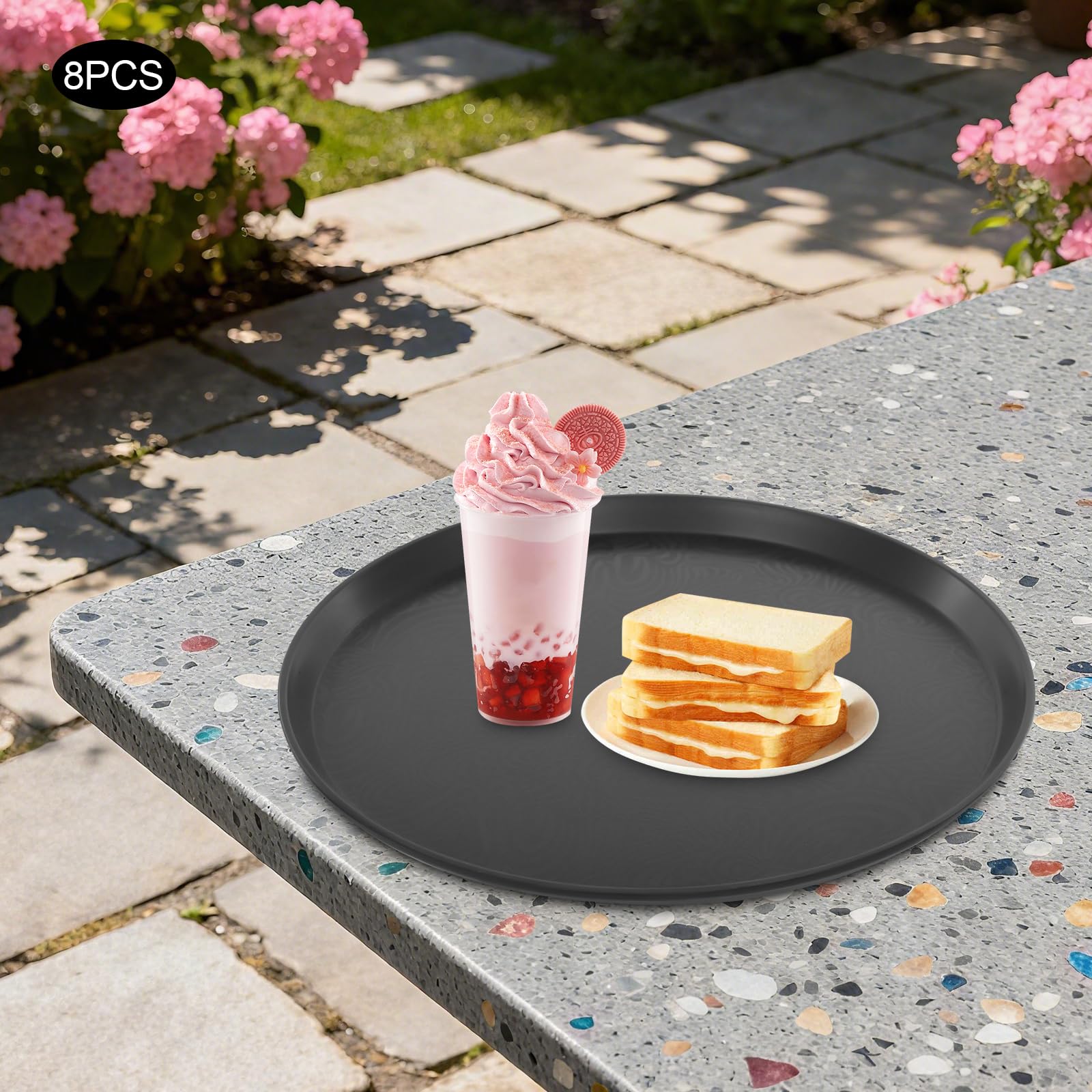 Juego de 8 bandejas redondas de 40 cm de diámetro, antideslizantes, para restaurante/bar, para empresas comerciales, juego de bandejas negras con borde elevado, apto para lavavajillas