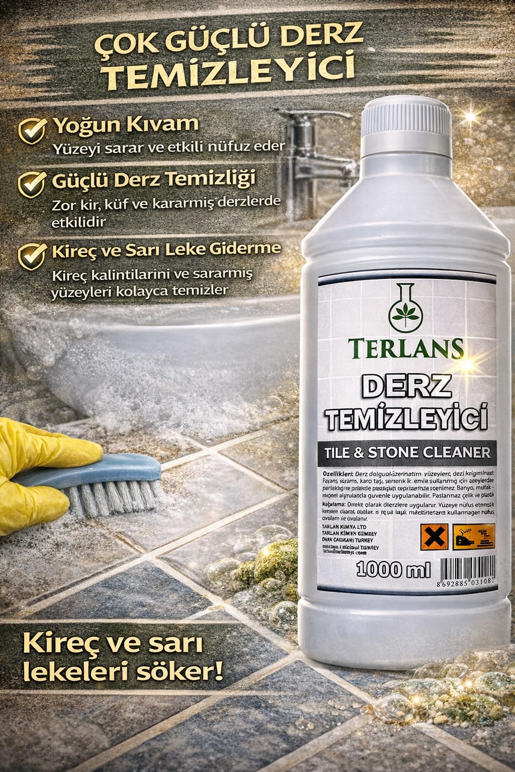 TERLANS Fayans Arası Derz Temizleyici Tuvalet Taşı Temizleyici Tile & Stone Cleaner 1000 ml