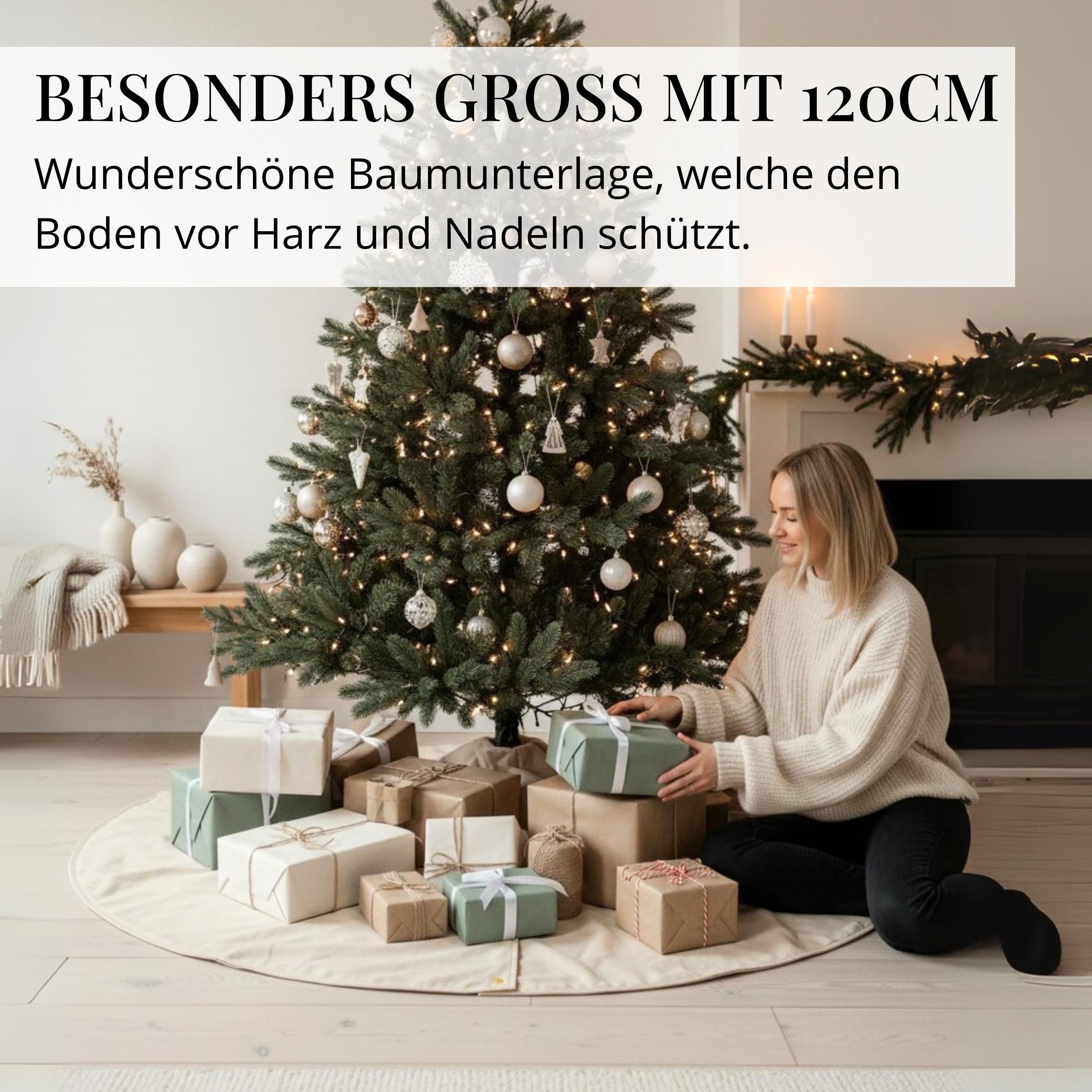 Livlig53 Weihnachtsbaum Decke ø120cm, Weihnachtsbaumdecke rund aus 100% Baumwolle, 2in1 Design - wendbare Tannenbaum Decke, Weihnachtsbaumrock, Weihnachtsbaum Decke Beige I Grün mit Goldsaum