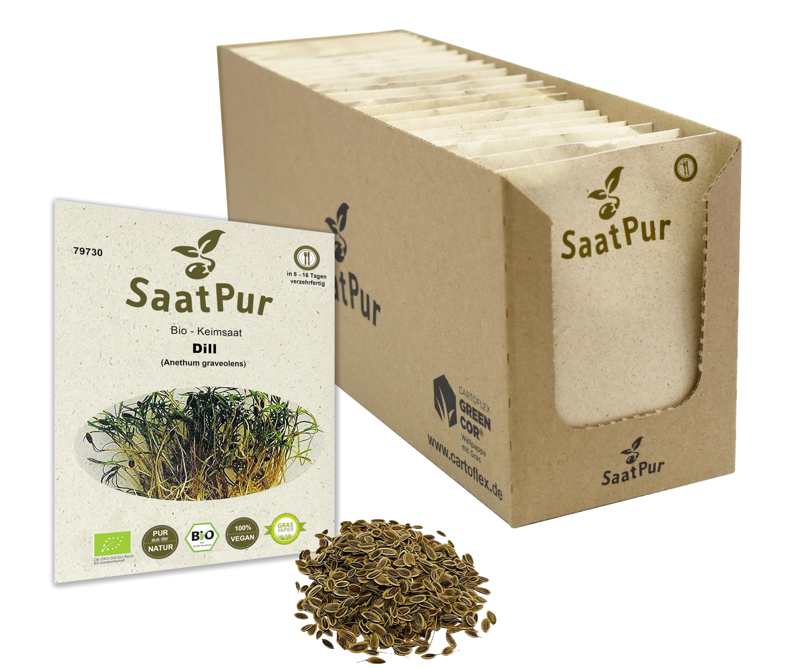 SaatPur Bio Keimsaat - Dill Keimsprossen Sprossen Microgreen - Dillsamen Dille oder Gurkenkraut - Großes Tray mit 50 Portionstüten je 25g