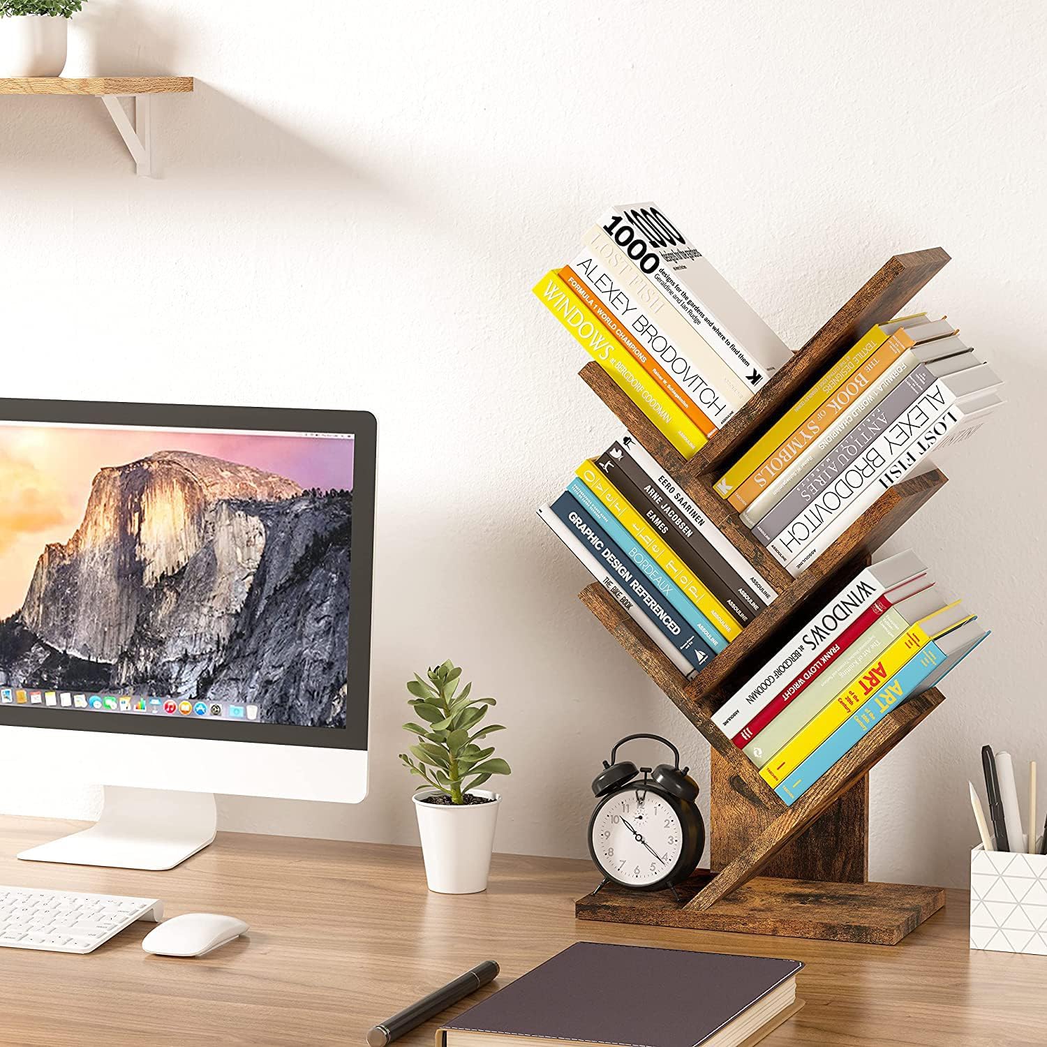 Hoctieon 4 Tier Tree Bookshelf, 4 Shelf Bookcase, Modern Book Storage, Free Standing Tree Bookcase, Utility Organizer Shelves for Home Office, Living Room, Bedroom, Rustic Brown - Image 2