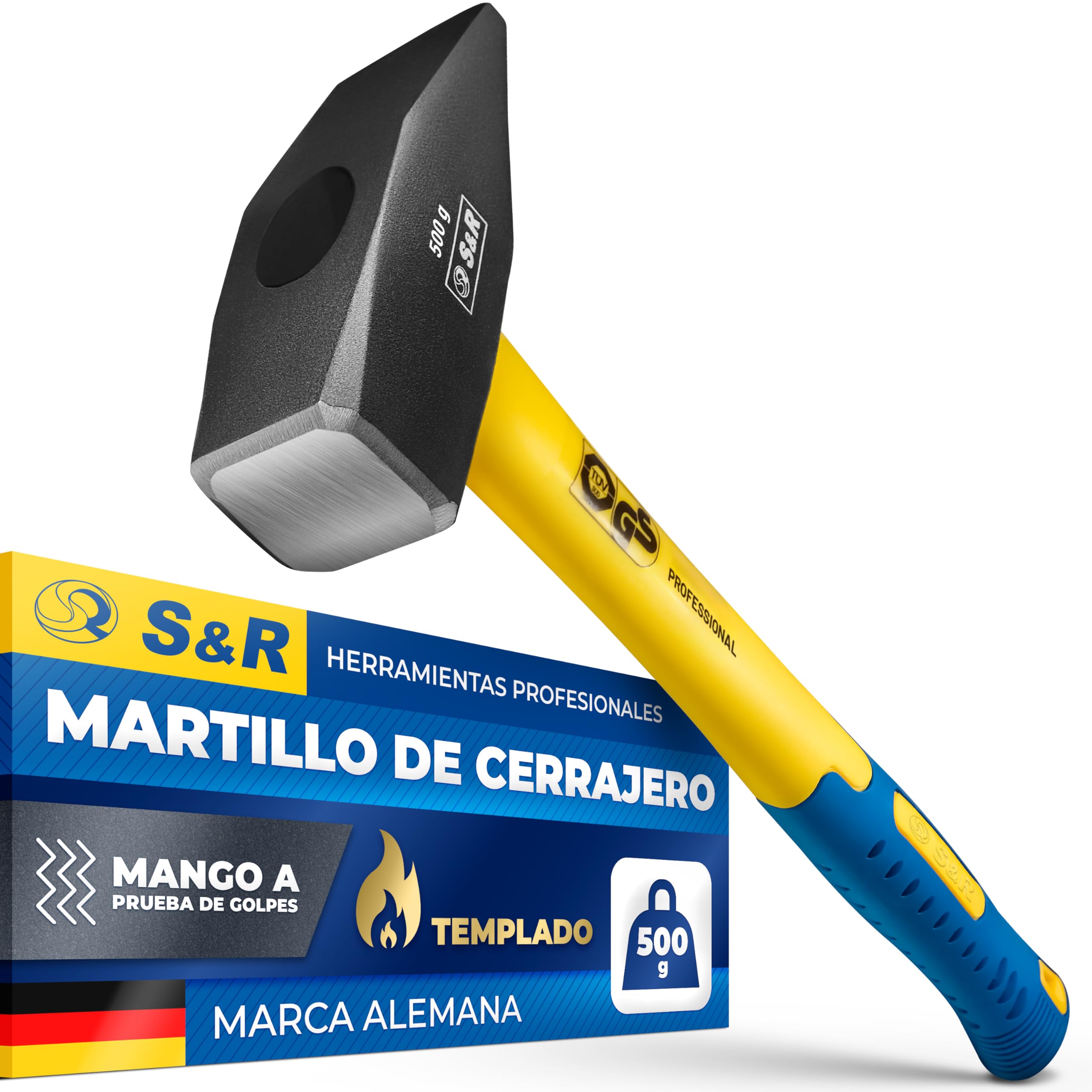 S&R Martillo de Cerrajero 500 Gr. Martillo de Carpintero Profesional. Mango de fibra de vidrio anti deslizante y anti vibración.