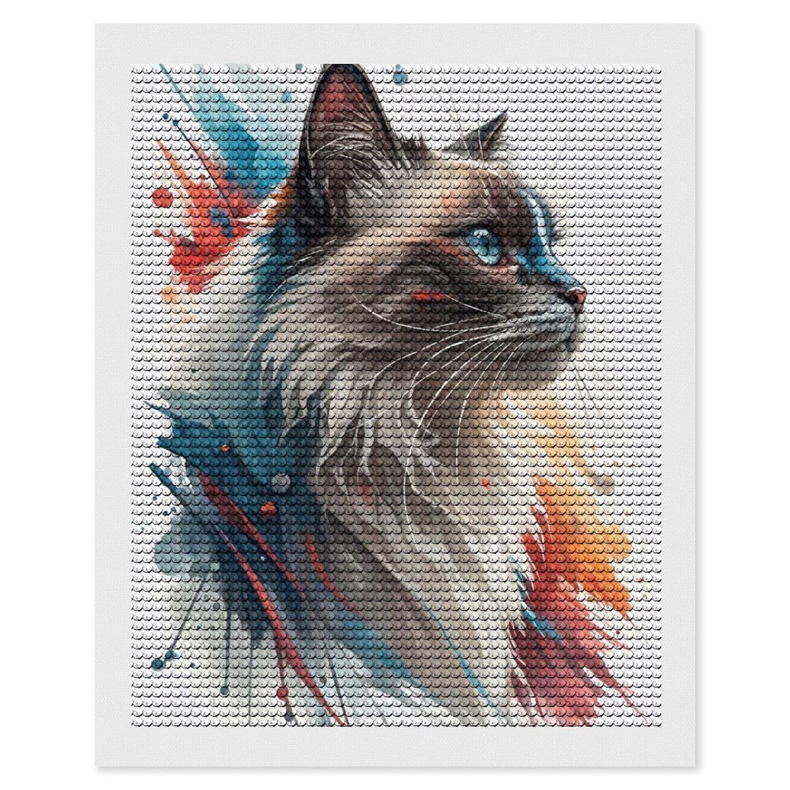Junmoney Watercolor Cat Portrait with Blue Eyes Diamond Painting Set 16"x20", Full Kit Included, Sparkling Round Gems, Farmhouse Decor, Festive Craft Gift