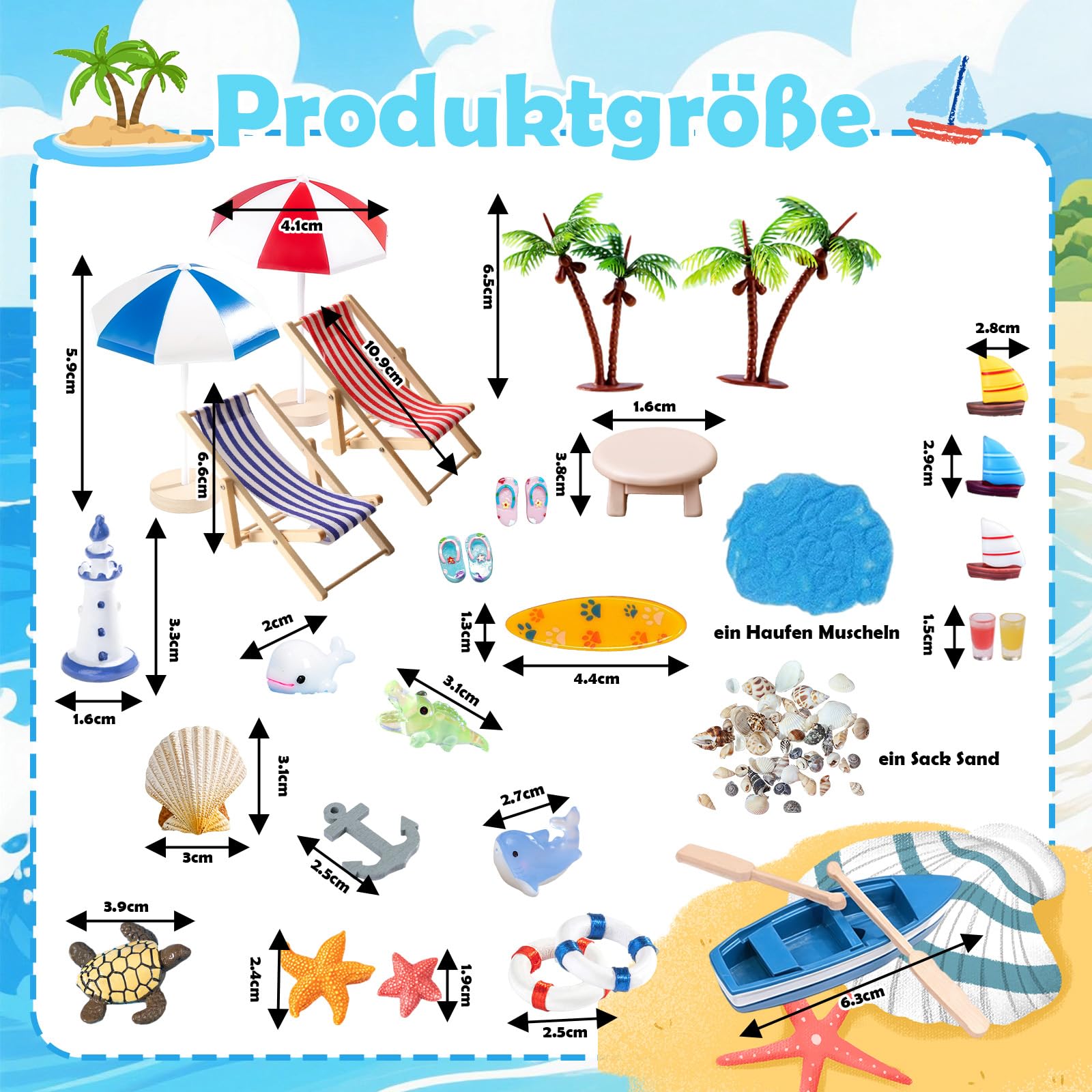 Zouonou 34 Stück Strand-Mikrolandschaft Miniatur Set, Strand Deko Miniatur Zubehör Set mit Liegestuhl Deko, Sonnenschirm, Kleine Palme & Segelboot, für DIY Zen Garten, Geldgeschenk & Sommer Deko - 2