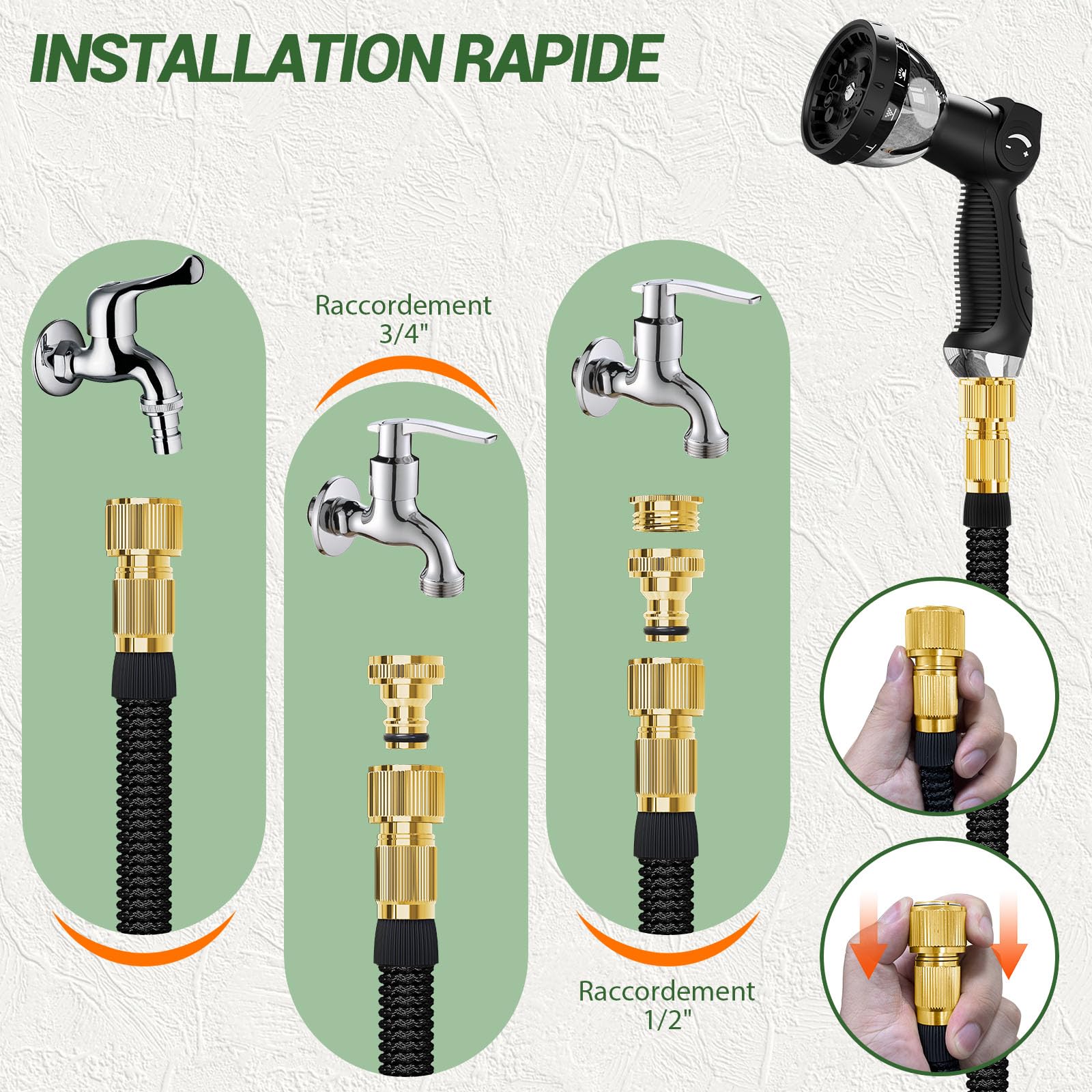 Tuyau Arrosage Extensible 30M - Tuyau D'Arrosage Flexible avec Pistolet à 10 Modes, Raccords Métalliques 1/2" et 3/4" pour Jardin, Lavage Voiture, Nettoyage