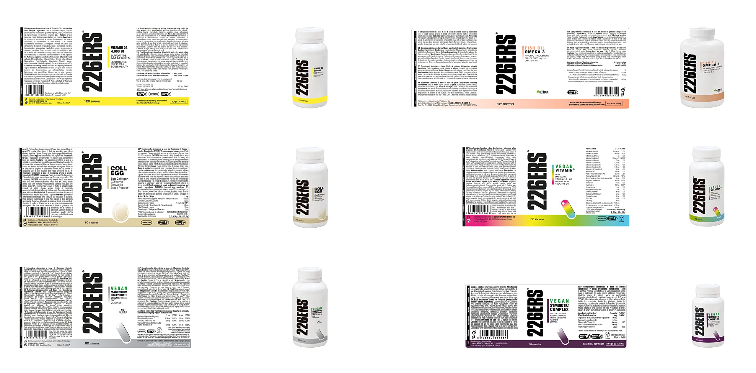 226ERS Pack Completo 6 Suplementos | Fortalece tu Organismo con Multivitaminas + Coll-Egg + Aceite de Pescado Omega 3 + Vitamina D3 + Complejo Simbiótico + Magnesio Quelado - Bolsa Incluída
