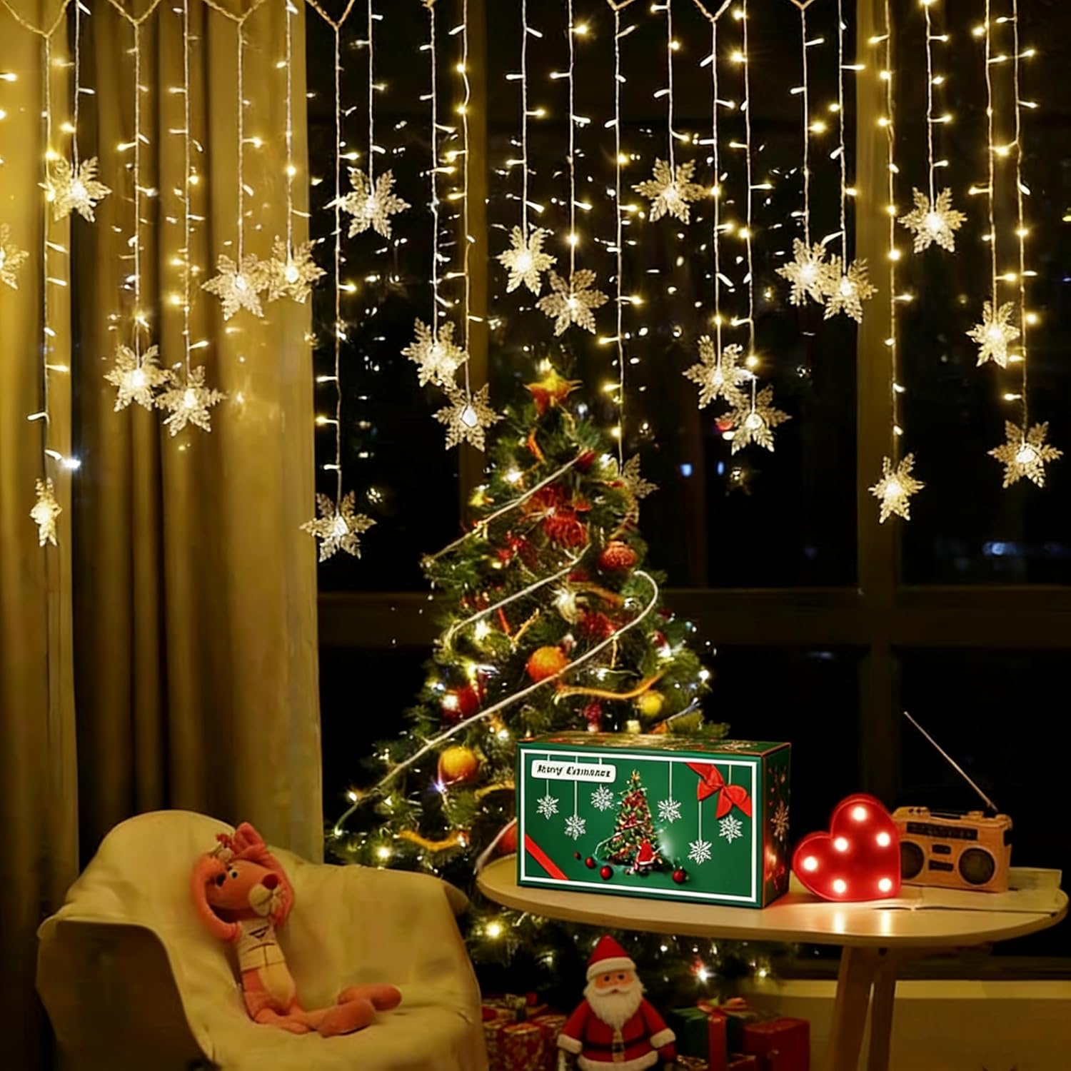 LED Curtain Lights,19ft/6M 96 LED Snowflake Curtain String Lights Plug-in Window Curtain Lights with 8 Modes Decoration for Christmas, Wedding, Party,Wall, Home Decorations (Warm White)
