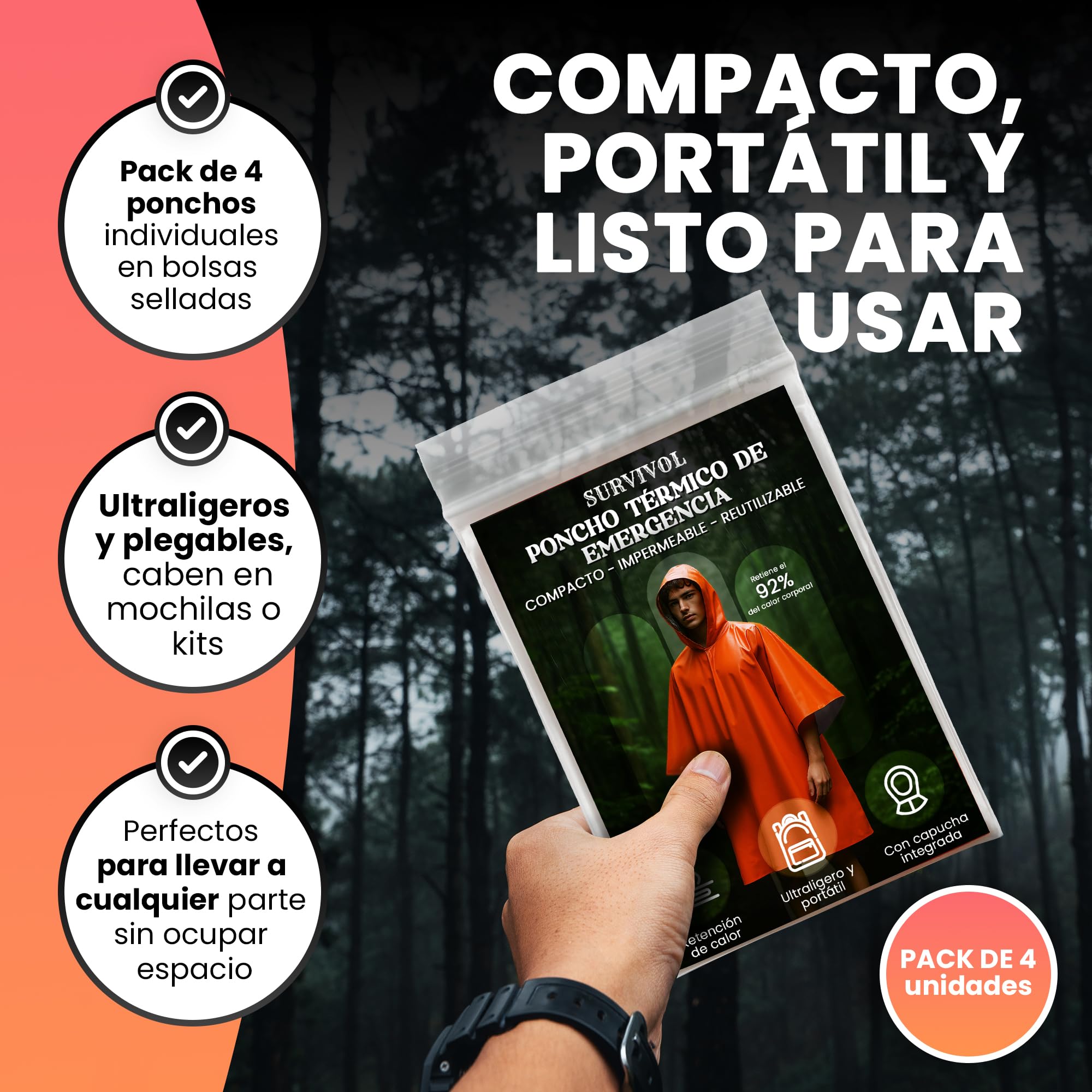 Poncho Impermeable 4 Pc - Kit Supervivencia 72 Horas Equipada - Poncho Lluvia - Manta Termica Supervivencia Reversible con Capucha para Retención de Calor y Lluvia - Resistente al Viento.
