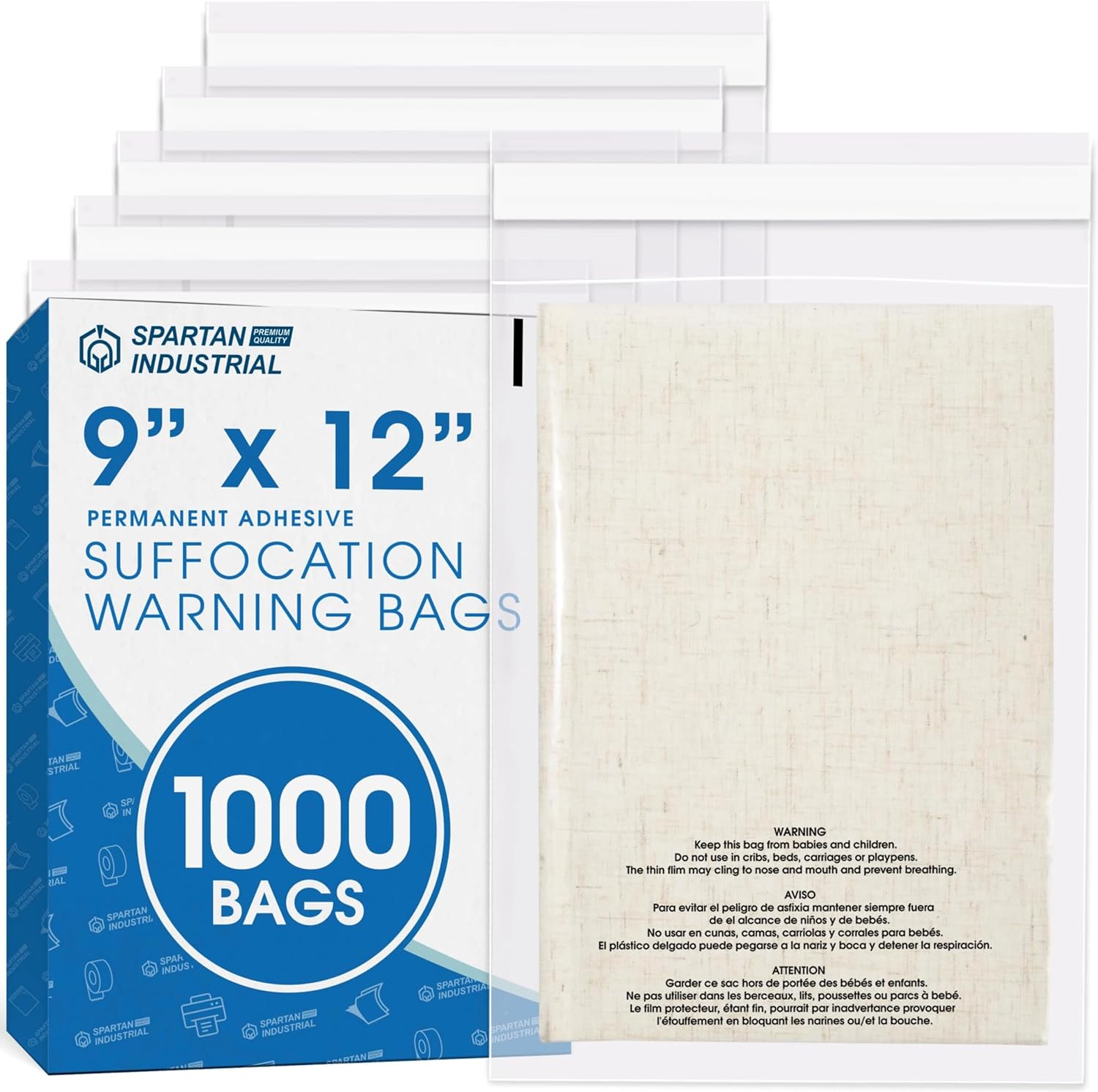 Spartan Industrial - 9" X 12" (1000 Count) Self Seal Clear Poly Bags with Suffocation Warning for Packaging, T Shirts - Permanent Adhesive 9" X 12" (1000 Pack)