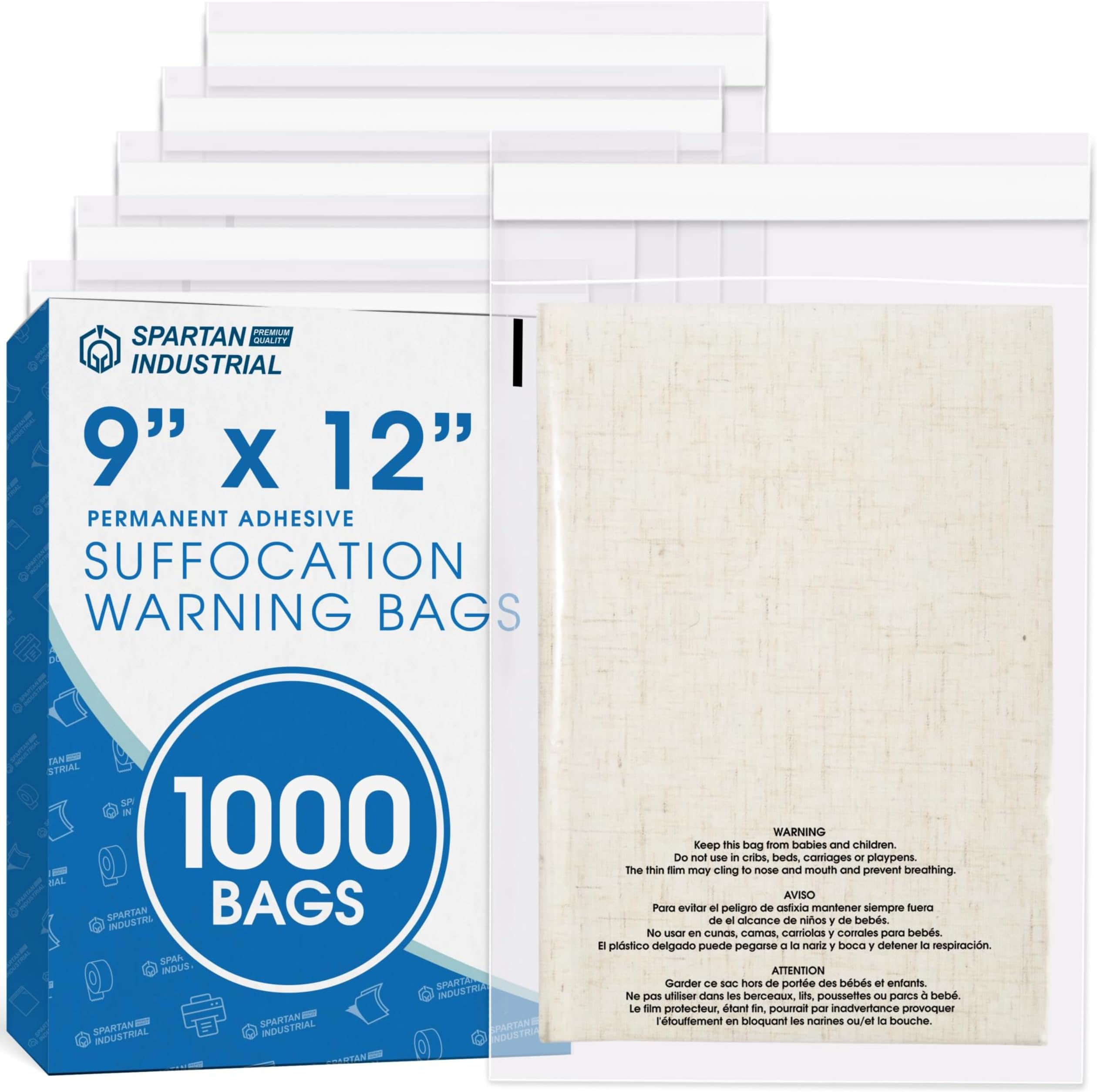 Spartan Industrial - 9" X 12" (1000 Count) Self Seal Clear Poly Bags with Suffocation Warning for Packaging, T Shirts - Permanent Adhesive