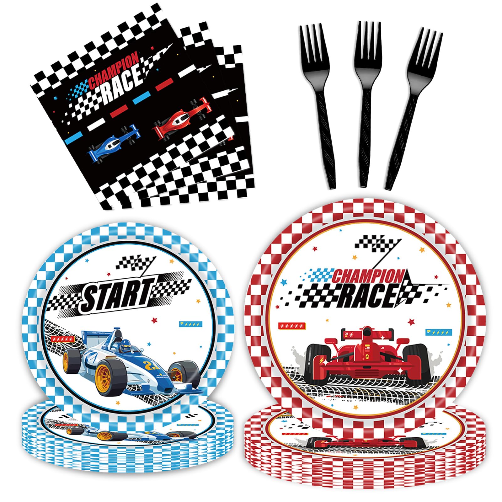 96 Pcs Racing Car Party Supplies Decorations, Checked Race Car Track Paper Plates and Napkins Party Supplies Disposable Tableware Dinnerware for Boys/