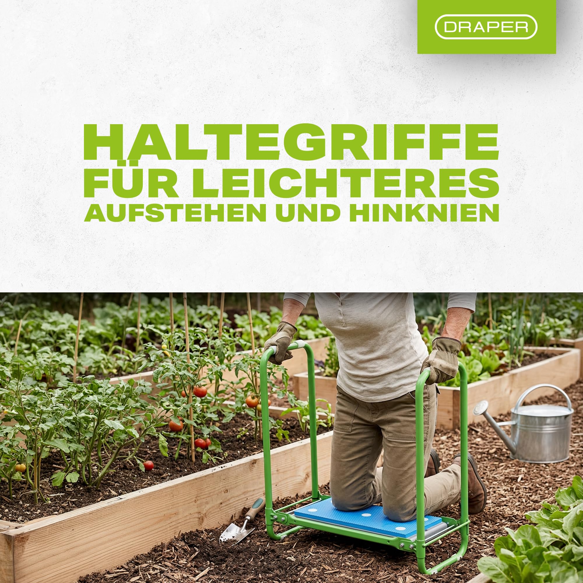 Draper Tools Klappbarer Gartenkniestuhl und Sitz | Doppelfunktionsbank mit dickem Schaumstoff-Kniepolster, Rohrrahmen, Gartenhocker lässt sich flach zusammenklappen
