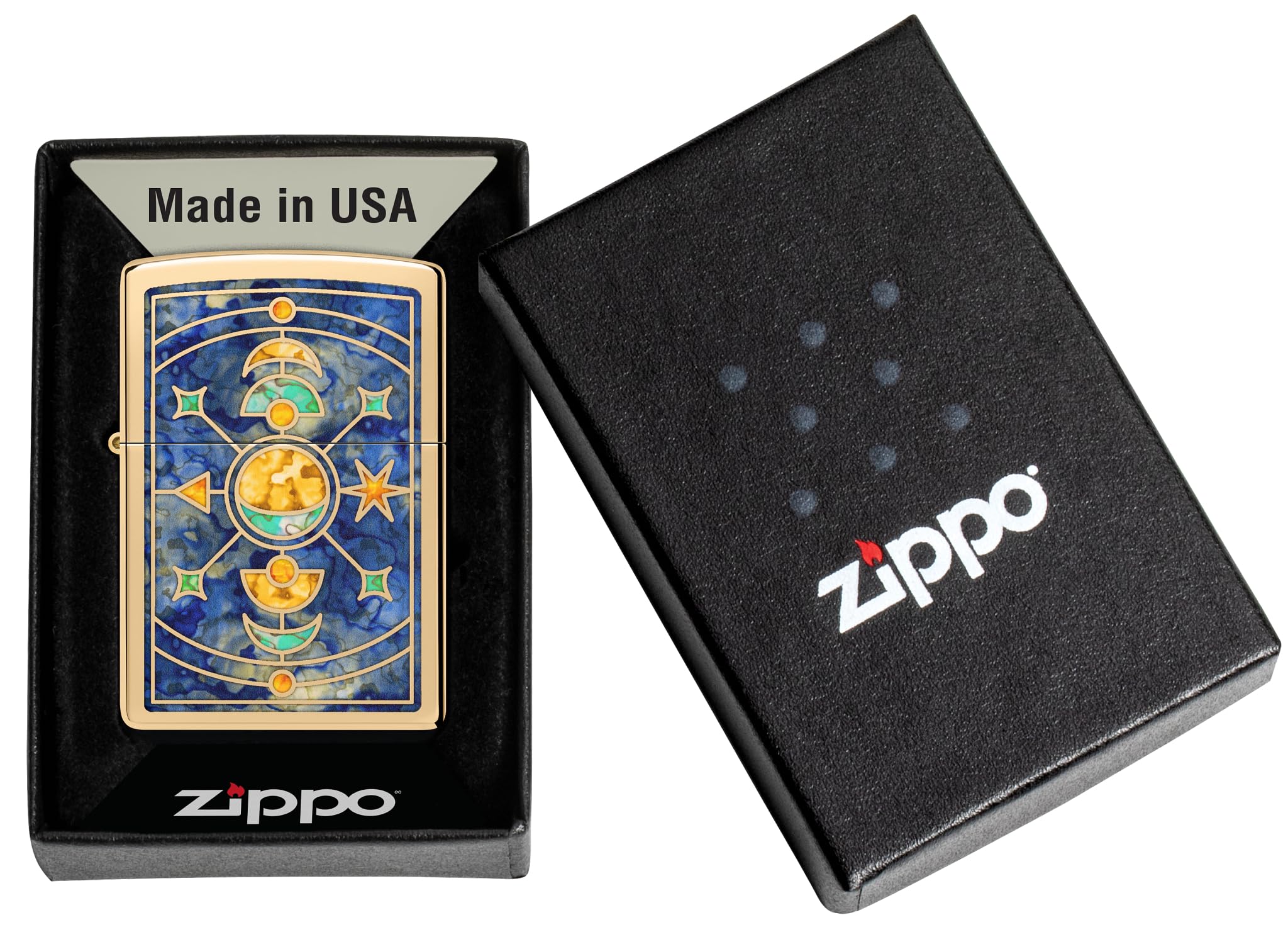 Zippo Sturmfeuerzeug - Star Constellation, High Polish Brass, Fusion - Nachfüllbar - Wiederverwendbar - Windfestes Design - Geschenkbox - Made in USA