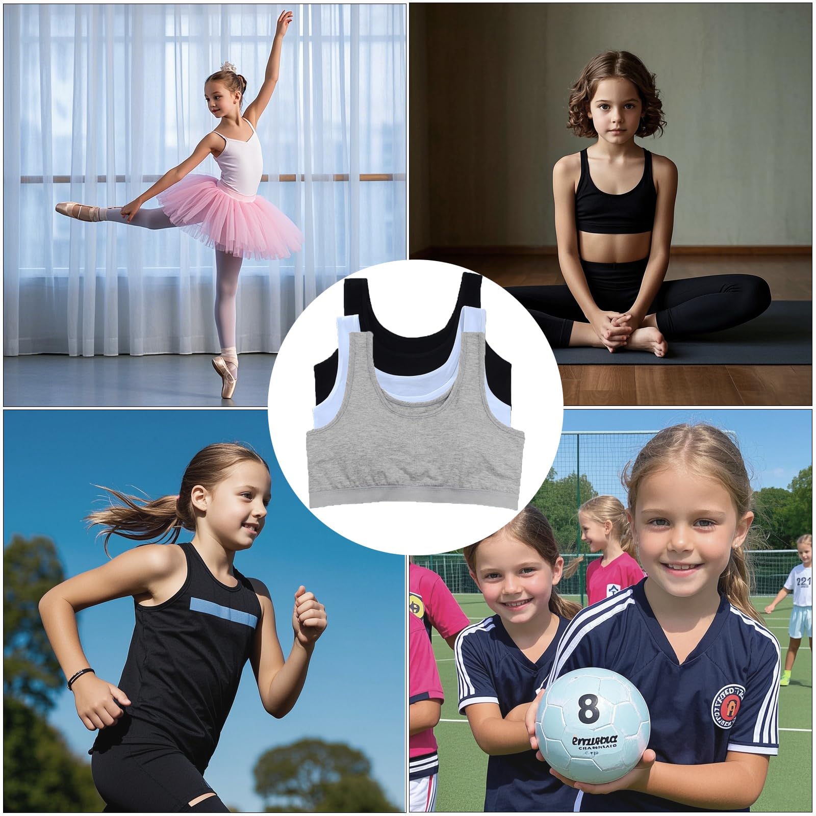 3 Piezas Sujetador Deportivo de Algodón para Niña, Sujetador Niña, Algodón Top Básico sin Almohadillas, Top Deportivo, para 8-12 Años