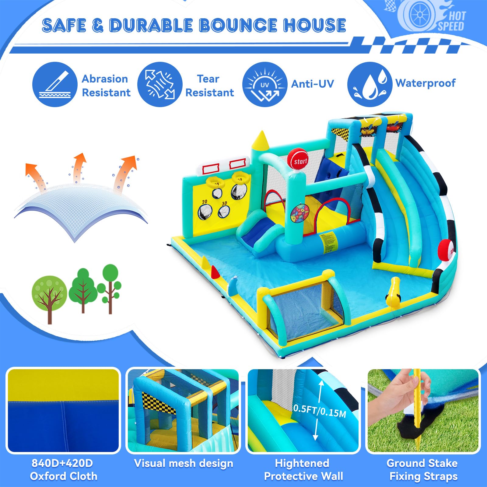 Castello Gonfiabile Grande per Bambini con Acquatico Scivolo, Piscina, Pareti Arrampicata, Trampolino, Canestro da Basket per Interno Giardino Esterno, 470×400×220cm