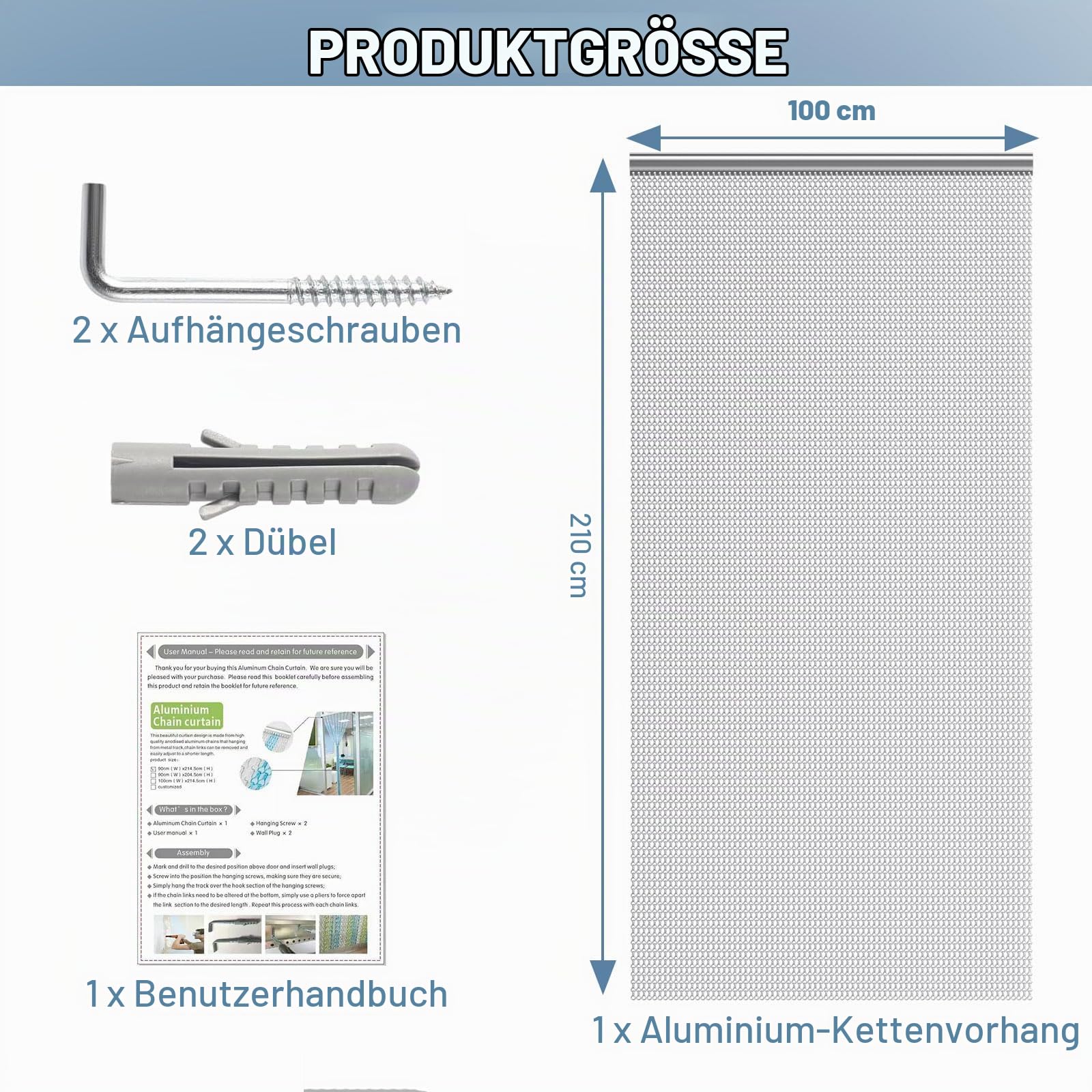 Soontrans Fliegengitter Balkontür 100 x 210cm, Aluminium Fliegenvorhang, Fliegengitter Tür, Insektenschutz Balkontür, Fliegengittertür, Metall Kettenvorhang für hält Insekten, Wespen (Silber)