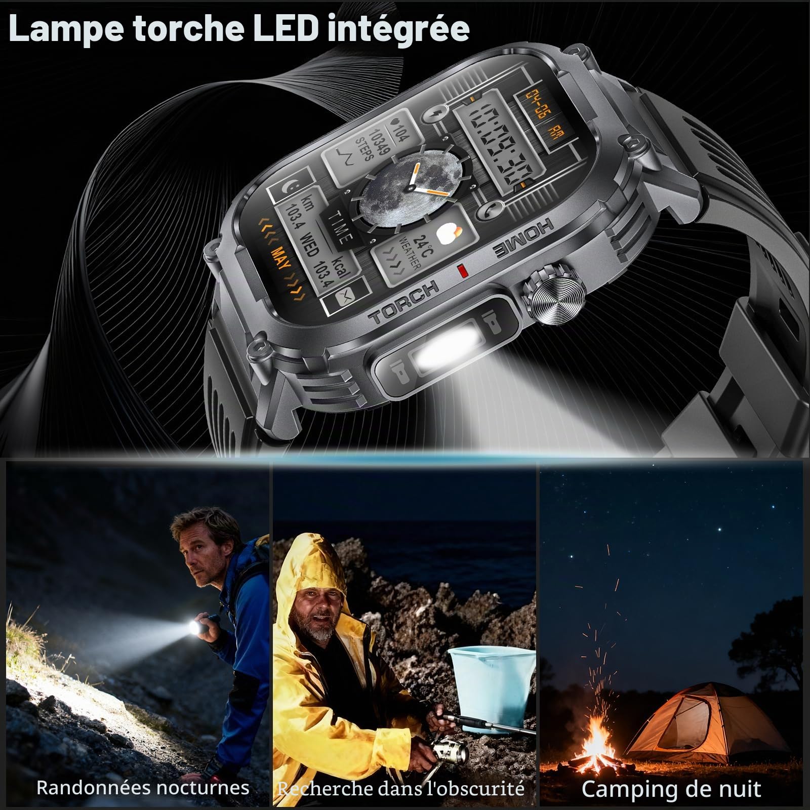 Montre Connectée Homme LED Lampe/Boussole, 2.02" Militaire Smartwatch Homme avec Appel Bluetooth, Asistente de Voz/100+ Modes Sportifs, IP68 Étanche/Podomètre Android iOS