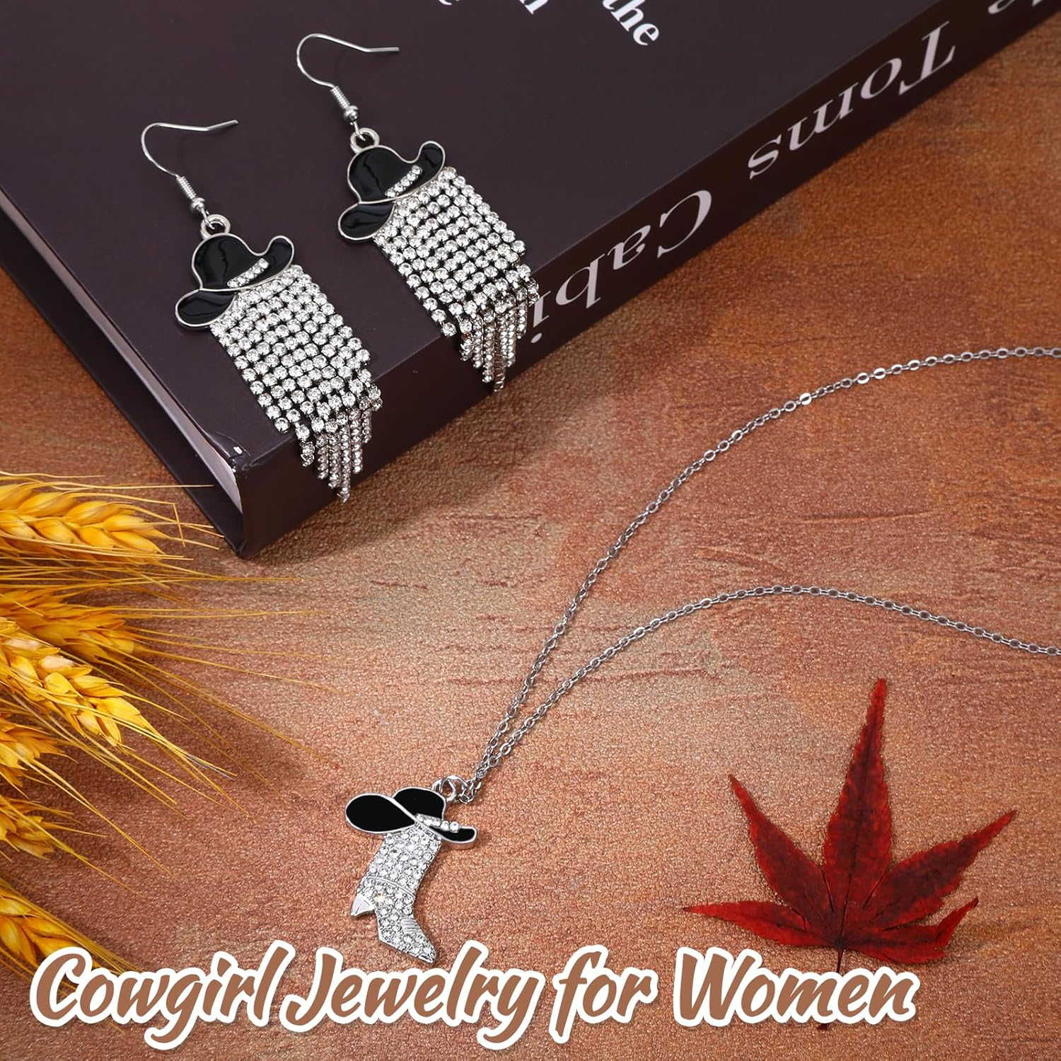 2 Pcs Cowgirl Jewelry for Women Cowgirl Accessories for Women Sparkly Rhinestone Western Tassel Earrings and Cowboy Boot Necklace Sets for Wild West Theme Party Country Music Festival - Image 3