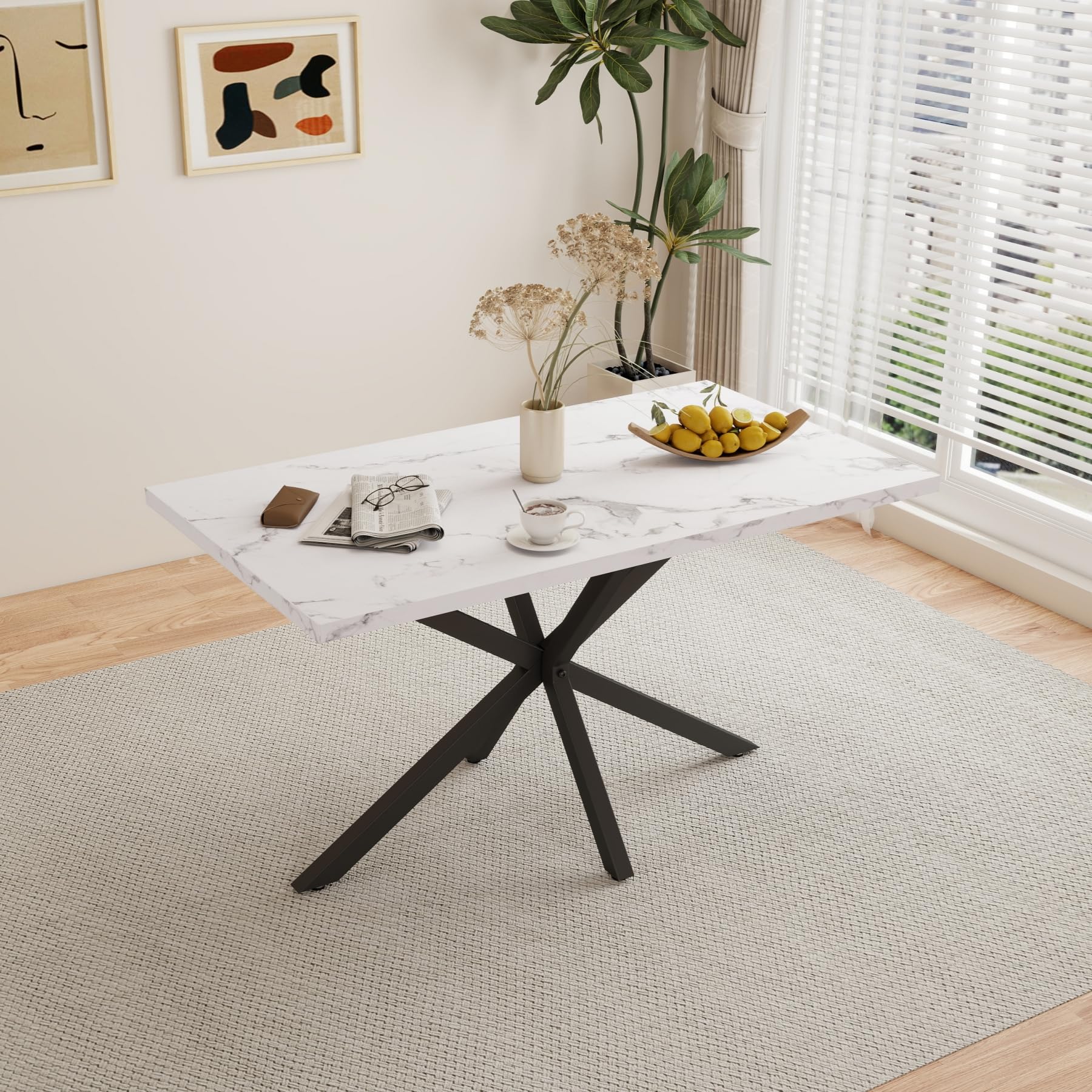 Esstisch und Stuhlset, 140 * 80 * 75 cm Rechteck MDF Esstisch, 4 Gepolsterte Küchenstühle aus Cord mit Hohlrückenlehne, für Esszimmer, Wohnzimmer, Küche (Marmormuster + Schwarz)